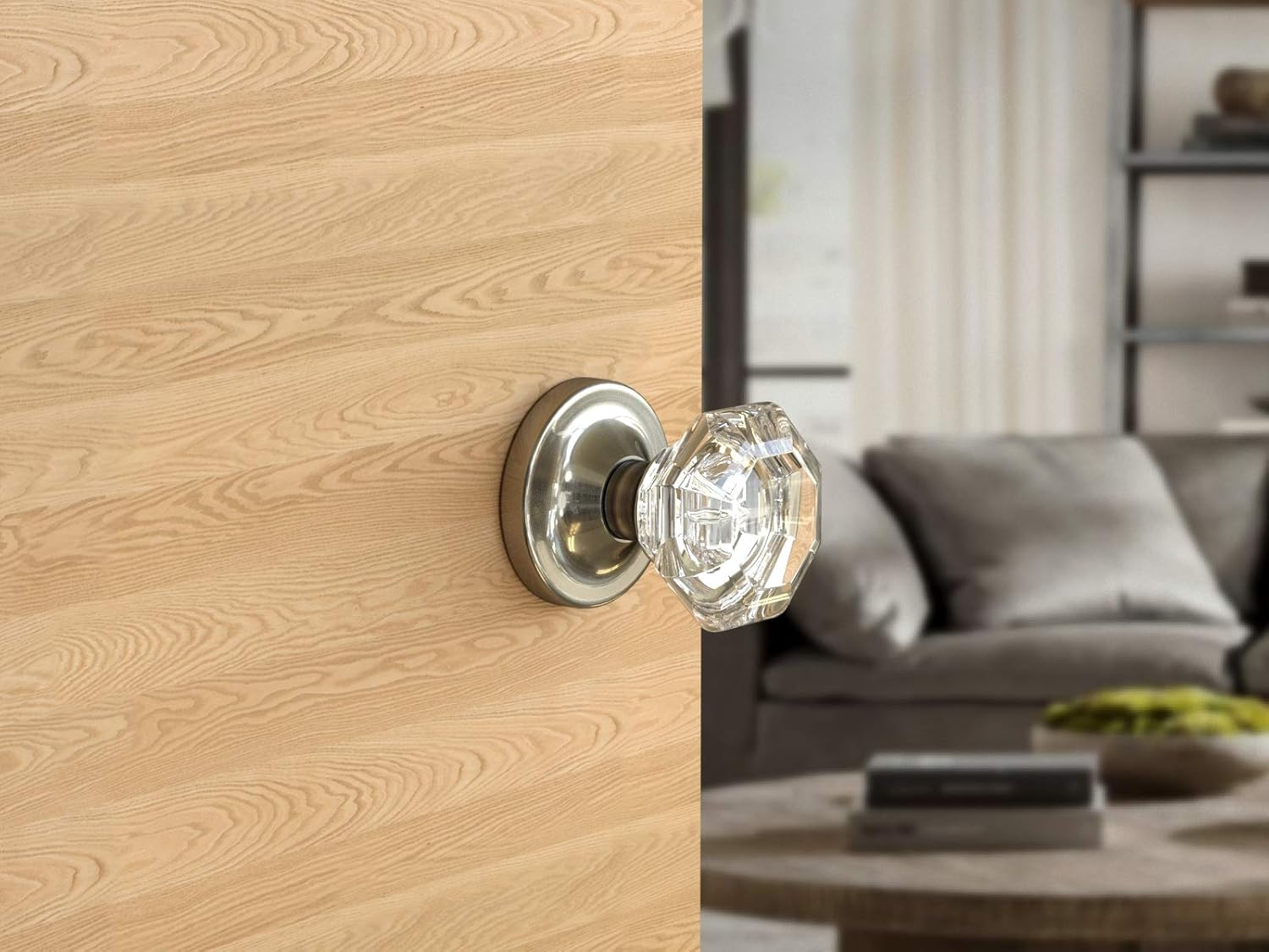 Privacy Octagon Crystal Door Knobs Satin Nickel Round Rosette