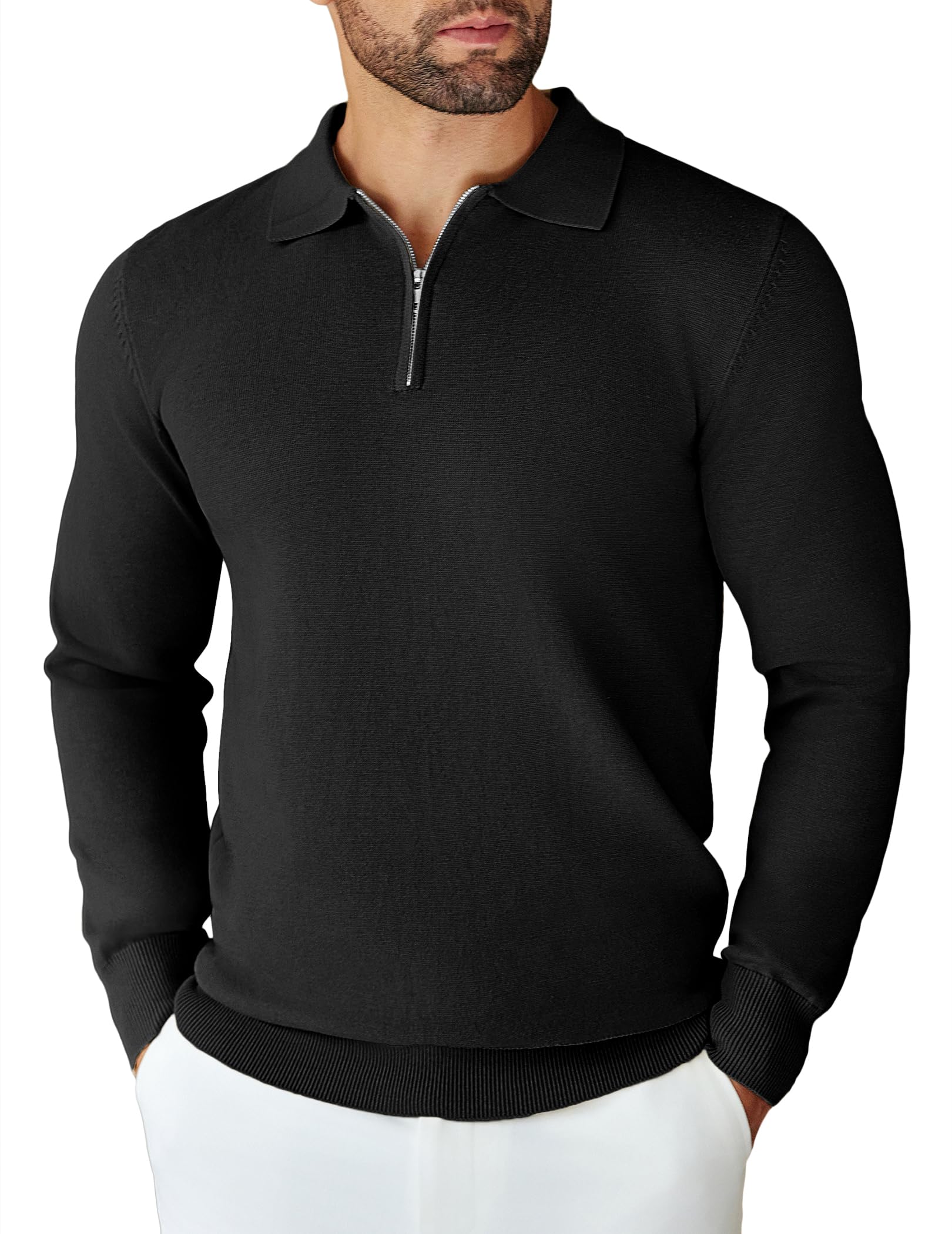 COOFANDY Herren Strickpullover Polokragen Half Zip Pullover mit Reißverschluss Einfarbig Polo Sweater Winter Warm Langarm für Business Freizeit