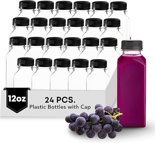 Vista 19 de Hammont Botellas de plástico con tapas, botellas transparentes de café helado y jugo, paquete de 24 botellas reutilizables para jugo, ideal