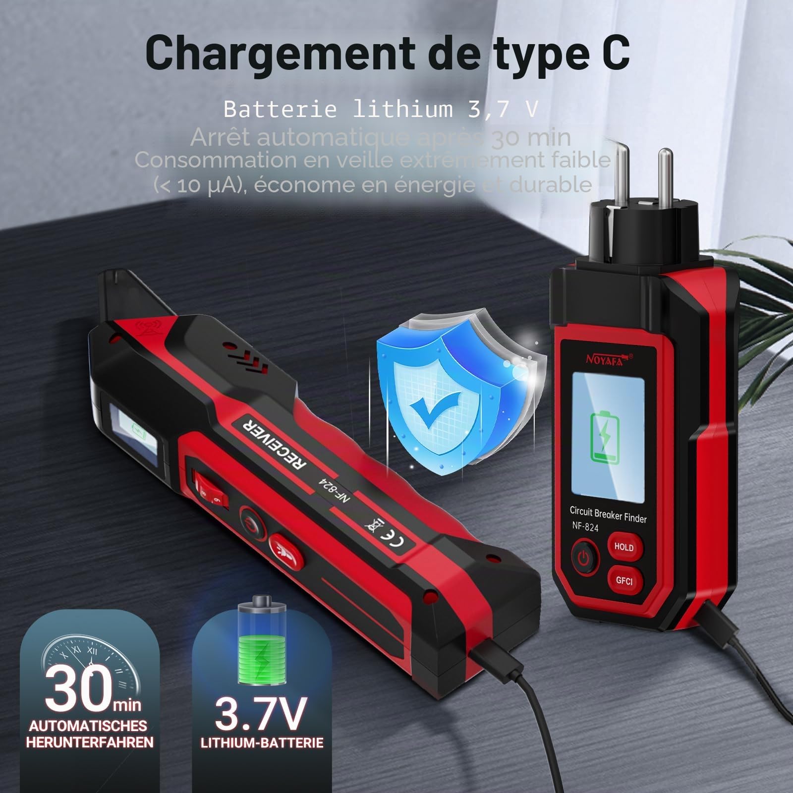 NOYAFA NF-824 Testeur de prise, détecteur de fusible, détecteur de disjoncteur avec écran LCD, testeur de tension sans contact avec 240 V, testeur de prise Schuko, testeur de phase NCV, détecteur de