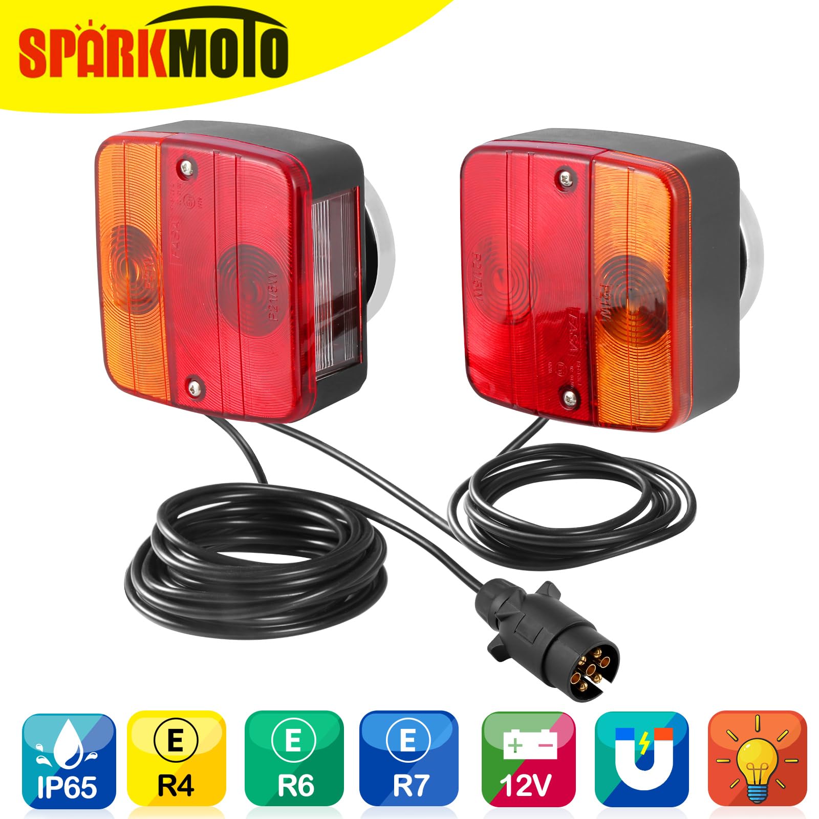Fanali Posteriore Rimorchio Magnetico,Kit Luci Rimorchio 7 Poli Con Cavo 2.5/7.5M Connettore 7 Poli,Fari Posteriori Rimorchio Calamita
