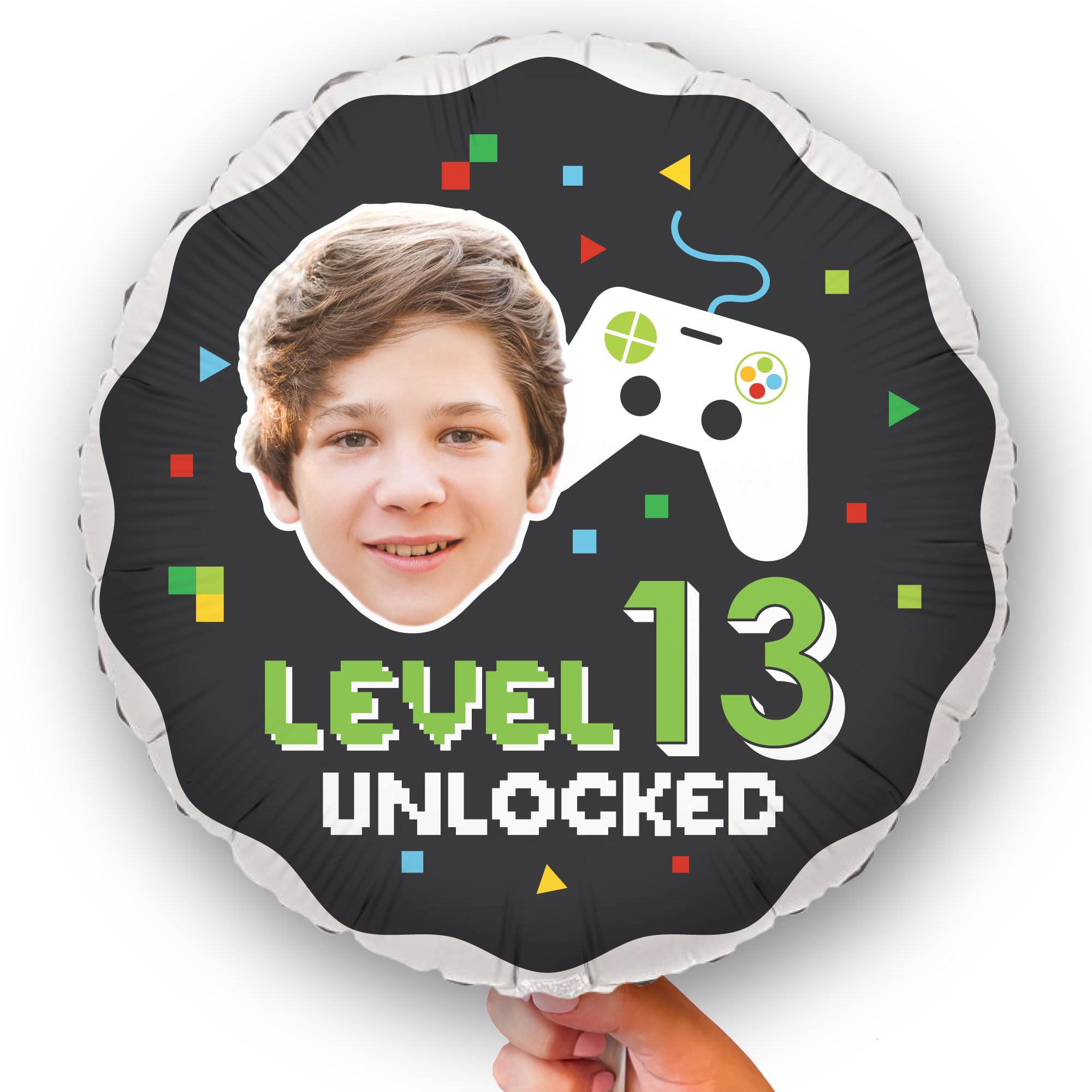 Big Dot of Happiness Personalized Game Zone Fun Face Photo Balloon, Pixel Video Game Birthday Party Decoration, Custom Age Double-Sided Circle Mylar,