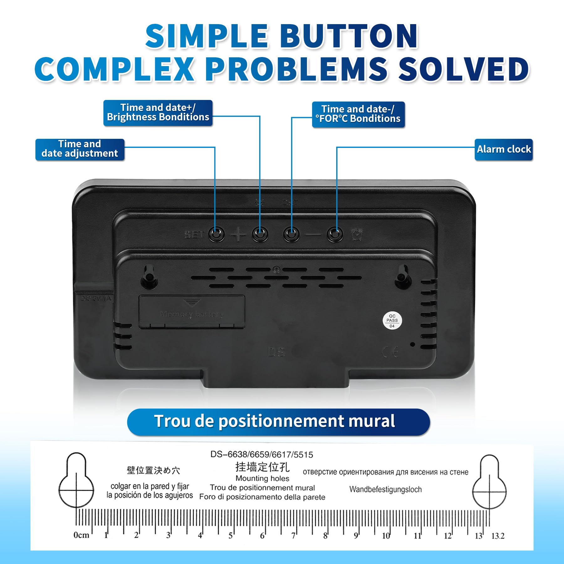 KCKJ Reloj despertador digital grande para dormitorio y hogar, con visualización de temperatura, fecha y día de la semana, brillo y volumen ajustables, doble uso para escritorio o montaje en pared