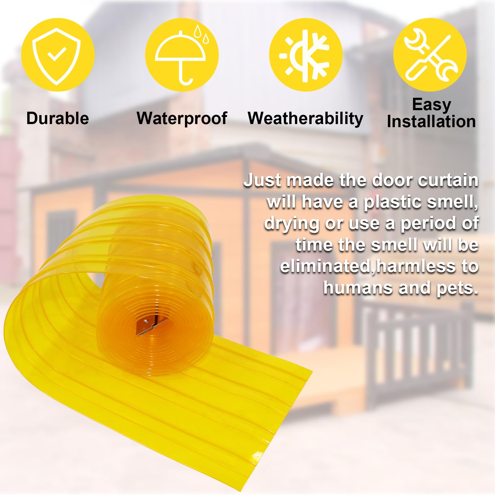 Poweka Porta per Cuccia Cane,Tenda a Strisce in PVC 3,6m*20cm (con 2 Strisce di Metallo), Tenda a Strisce Gialla Trasparente Termoisolante e Resistente al Freddo per Tende Elastiche Industriali