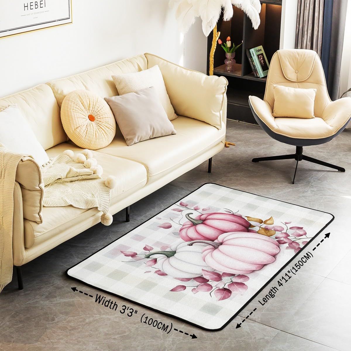 Homewish Jesienna dynia dywanik 100 x 150 cm Święto Dziękczynienia dywany do salonu jesień bawół krata dekoracyjny dywan różowe liście wewnętrzna mata podłogowa