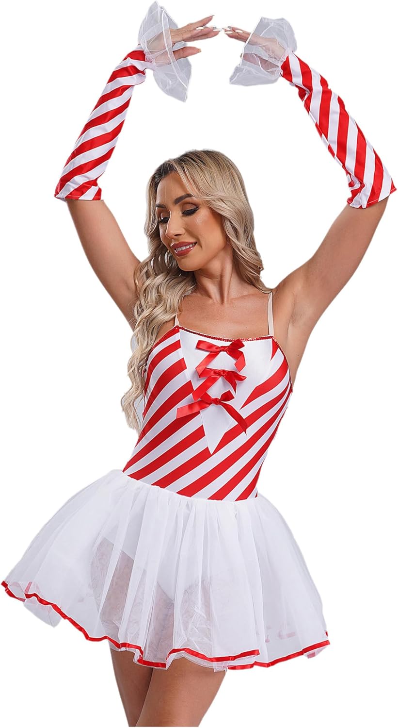 Women's Christmas Candy Cane Striped Dress Dance Leotard Camisole Tutu Ballet Dress with Gloves Dancewear