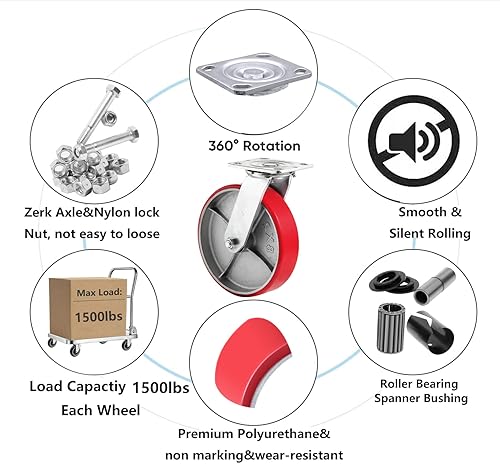 Miniatura 6 de Ruedas resistentes de 8 x 2 pulgadas, ruedas industriales de poliuretano con fuerte capacidad de carga de 6000 libras, juego de 4 ruedas