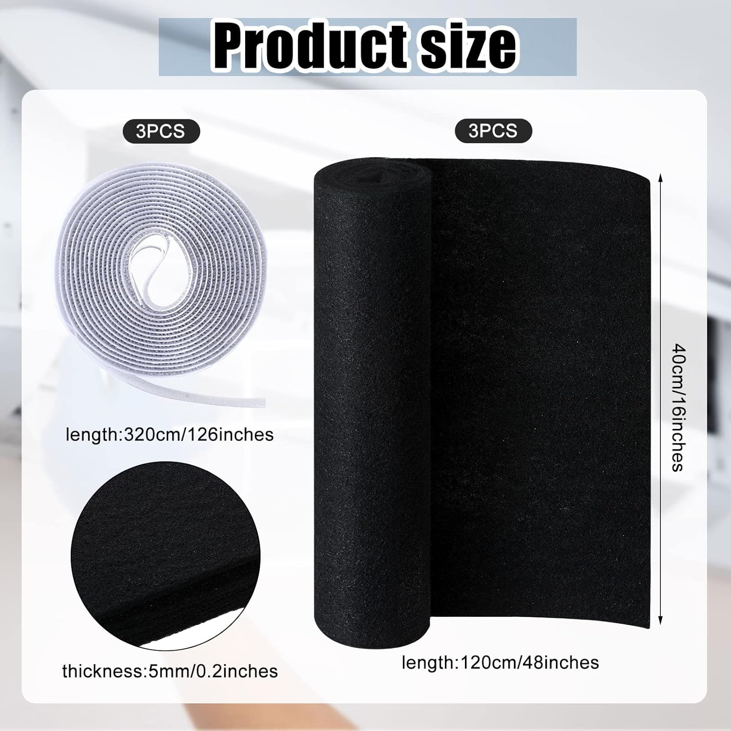 3 Pack Cut to Fit Carbon Pad Pre Filter Roll 16'' x 48'' with 3 Roll 126'' Tape for Air Purifiers Furnace Filters and AirConditioner Filters Cut to Fit Carbon Pad Removing Odor VOC