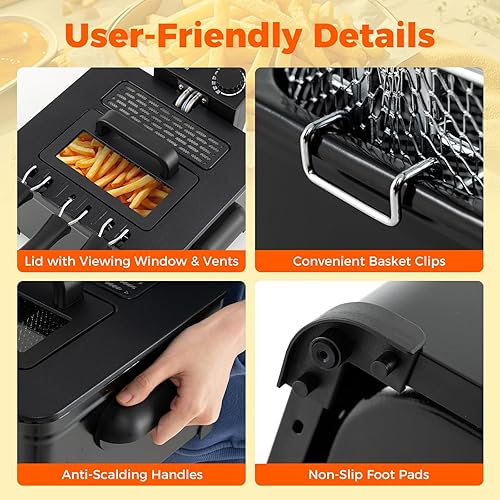 Miniatura 5 de SIMOE Freidora eléctrica de 5 litros con 3 cestas y tapa, freidora de aceite eléctrica de encimera de 1700 W con control de temperatura, ventana de