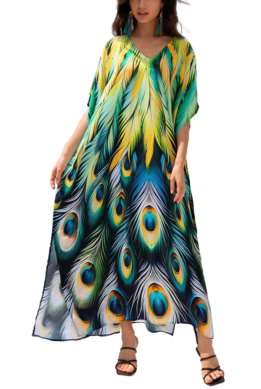 L-Peach Women's Green Summer Long Beach Dress Kimono Maxi Kaftan Cover Ups