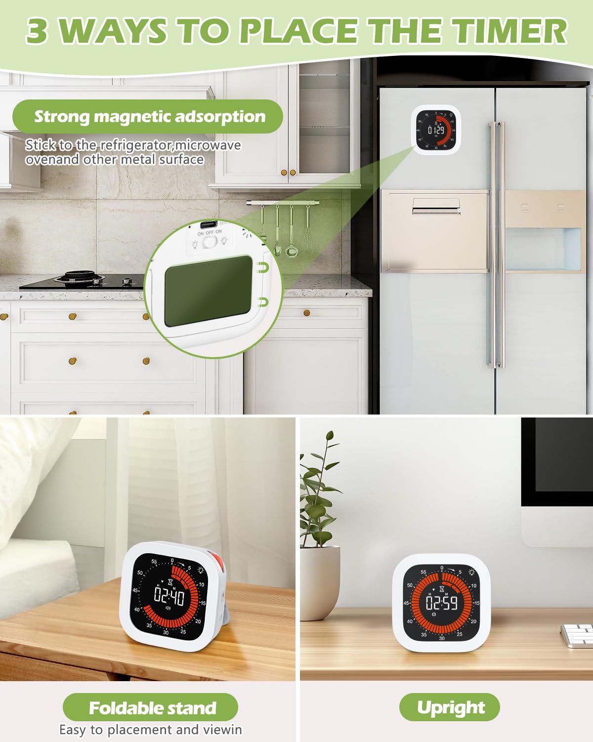 KeeKit Temporizador visual digital, temporizador de cuenta regresiva recargable con volumen y brillo ajustables, parte trasera magnética para cocina, gimnasio, estudio, temporizador para niños, para