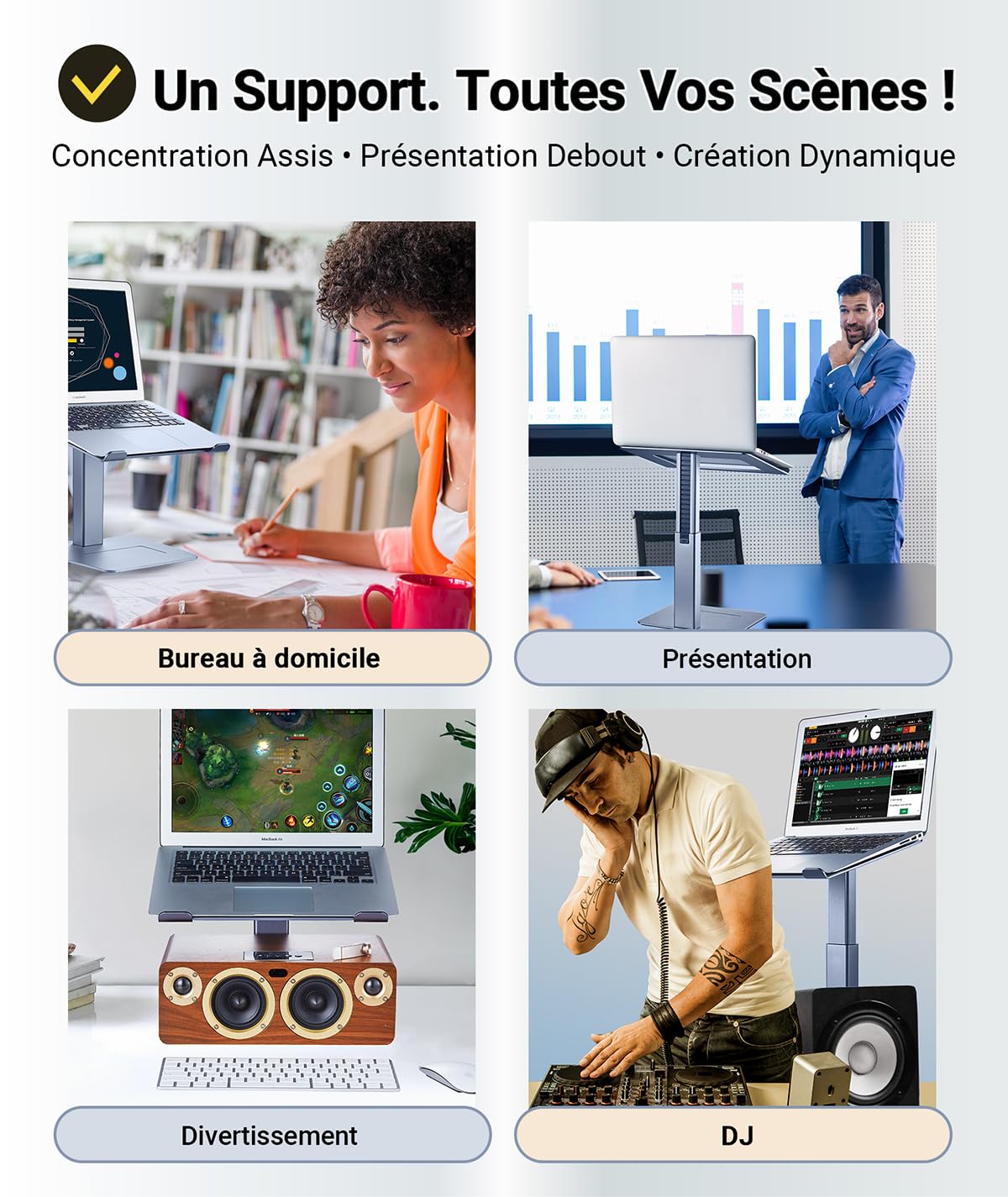 Support PC Portable Assis Debout Ergonomique - 16 Niveaux Hauteur pour DJ, Télétravail, Visioconférence - Compatible Ordinateurs 13-16 Pouces, Gris
