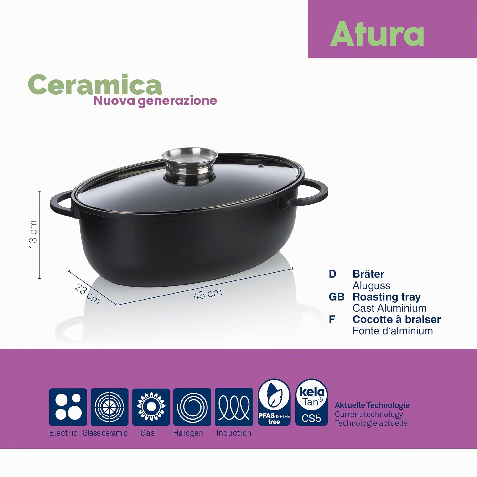 kela Teglia ovale 8 litri ATURA, Dutch Oven, teglia in ghisa con coperchio per induzione, ghisa di alluminio con rivestimento ceramico, senza PFAS