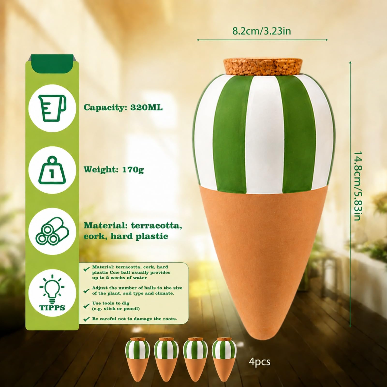 Riego automático para Plantas Interior, Conos de Riego de Terracota 4Pcs, Regadera Plantas, Dispensador de Agua autorriego para macetas-Globos de Riego Goteo para Vacación Balcón (Verde)