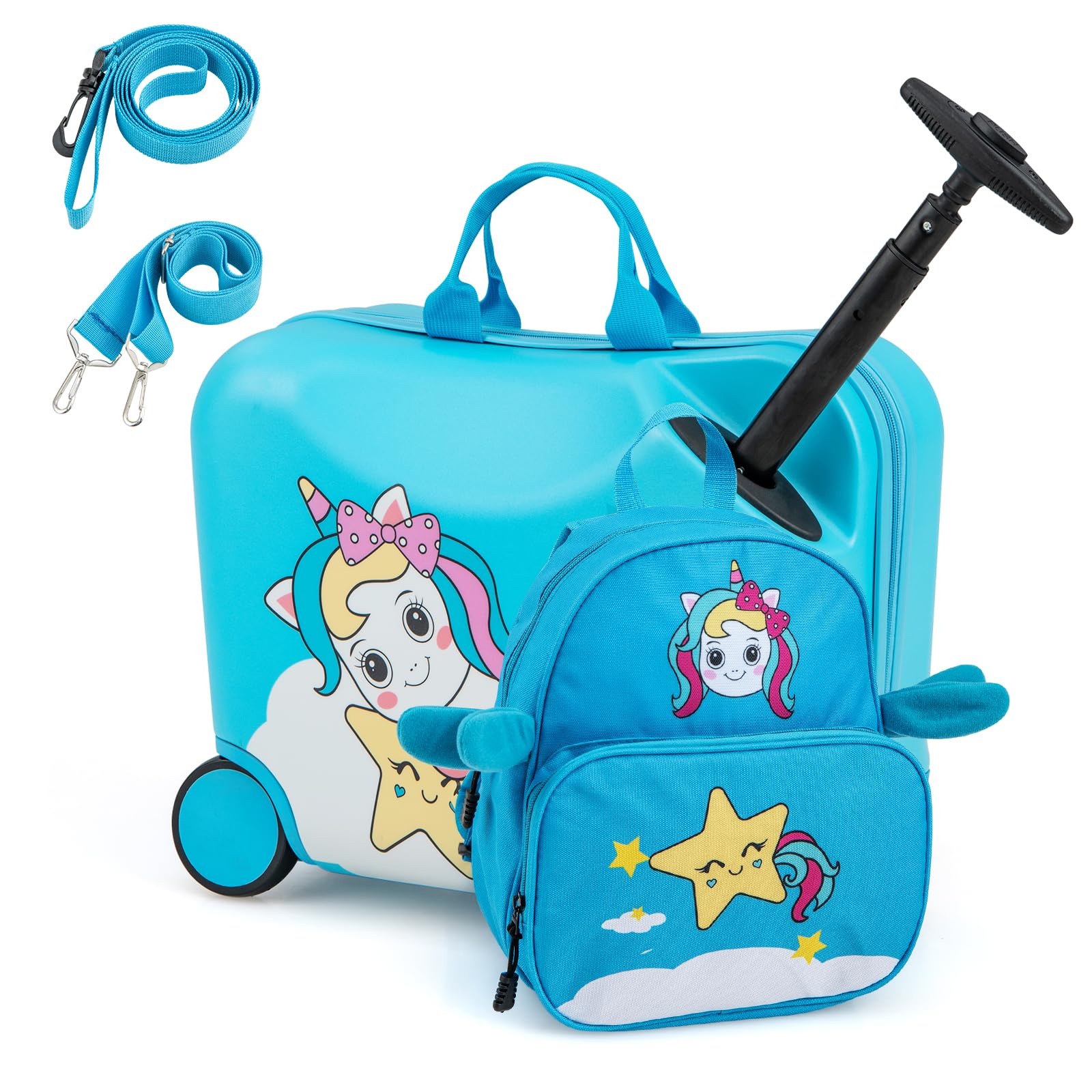 SOARS Juego de Maletas de Viaje Cabina para Niños, Trolley con Ruedas Correpasillo 40L, 18" Maleta con Ruedas + 12" Mochila Infantil con Asa y Correas Ajustables, Multifuncional (Unicornio Azul)