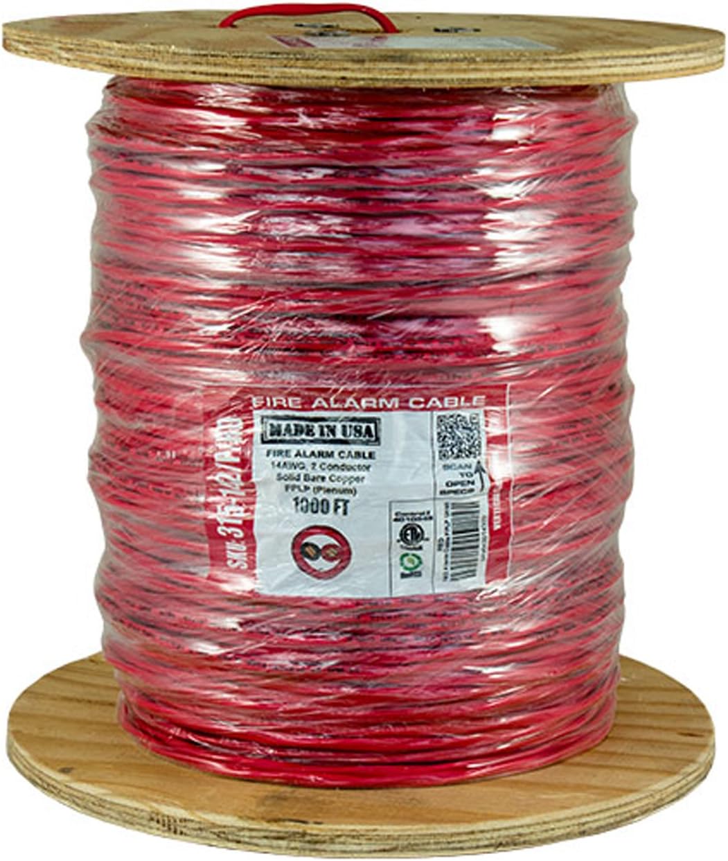 Vertical Cable Fire Alarm Cable, 14 AWG, 2 Conductor, Solid, Unshielded, FPLP (Plenum), 1000ft Spool, Red - Made in USA