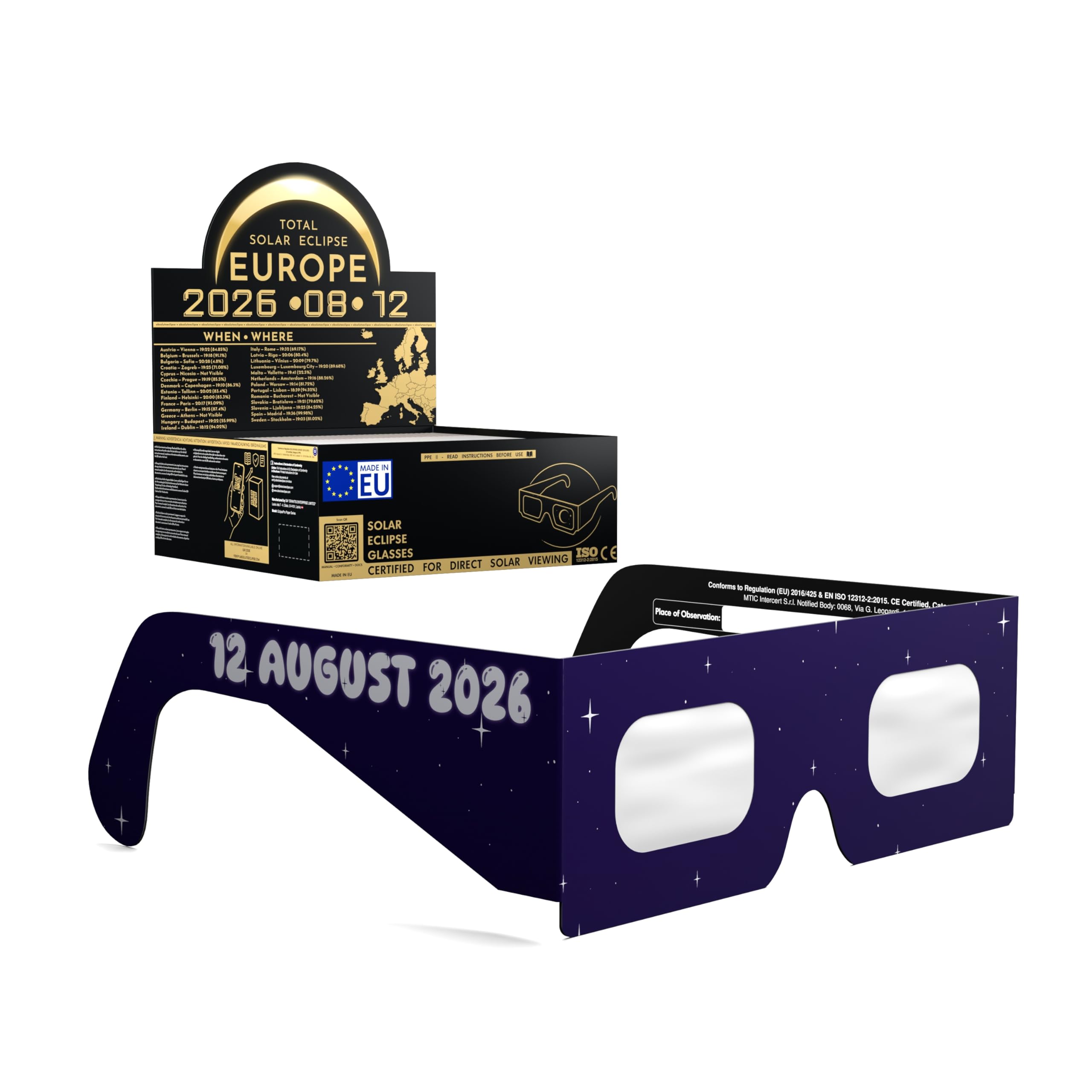 Solar Eclipse Glasses ISO 12312-2 & CE Certified – Safe Solar Viewing for Direct Sun & August 2026 Eclipse | Paper Cardboard Frame, Made in EU | For Kids & Adults | 50 Pack | Rocketrider