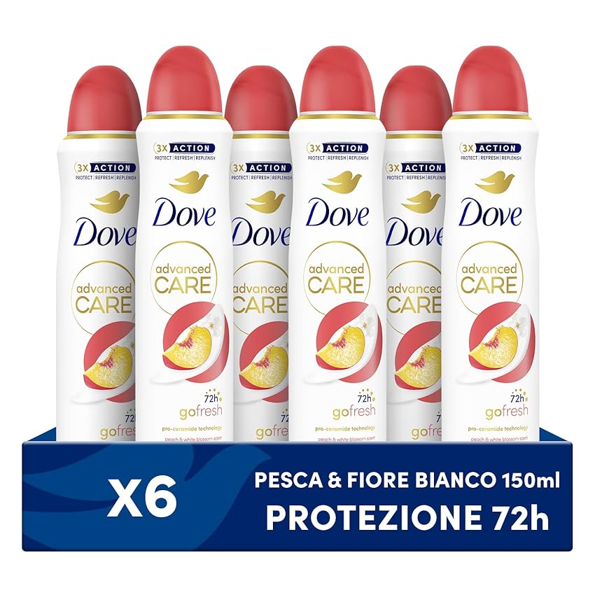 Dove Deodorante Spray Advanced Care Go Fresh Pesca, con Formula Idratante e Delicata sulla Pelle, Senza Alcol, Pelle Asciutta Fino a 72 Ore, Deodorante Uomo e Donna, 6 Pezzi da 150ml