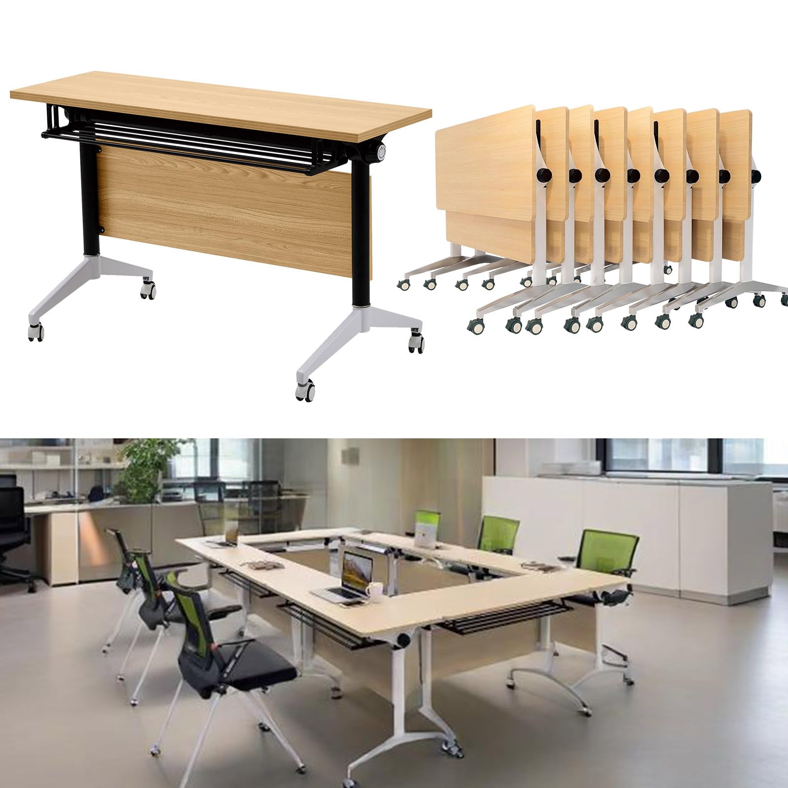 YDkjwjw Folding Conference Table, Conference Room Tables with Wheels Foldable Large Rectangle Meeting Seminar Table for 6-12 People, 55.1" W x 21.6" D