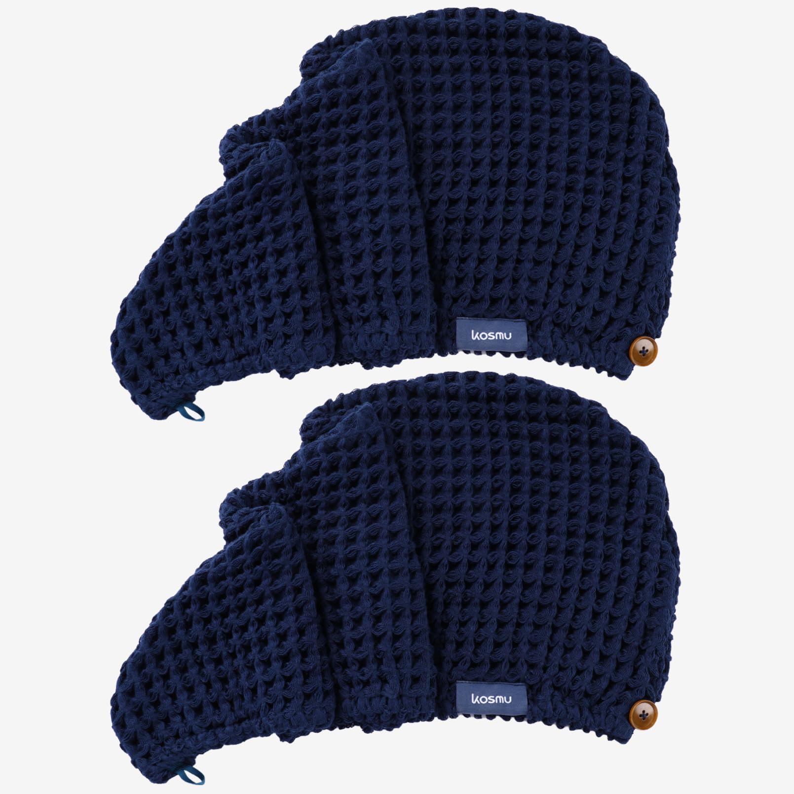 KOSMU Hair Towel | 100% Cotton Silk Hair-Drying Waffle Wrap Turban for Women, Ultra-Absorbent, Anti Frizz, Hair Damage Protection for Straight and Curly Hair (Ocean Blue, 2 Pack)