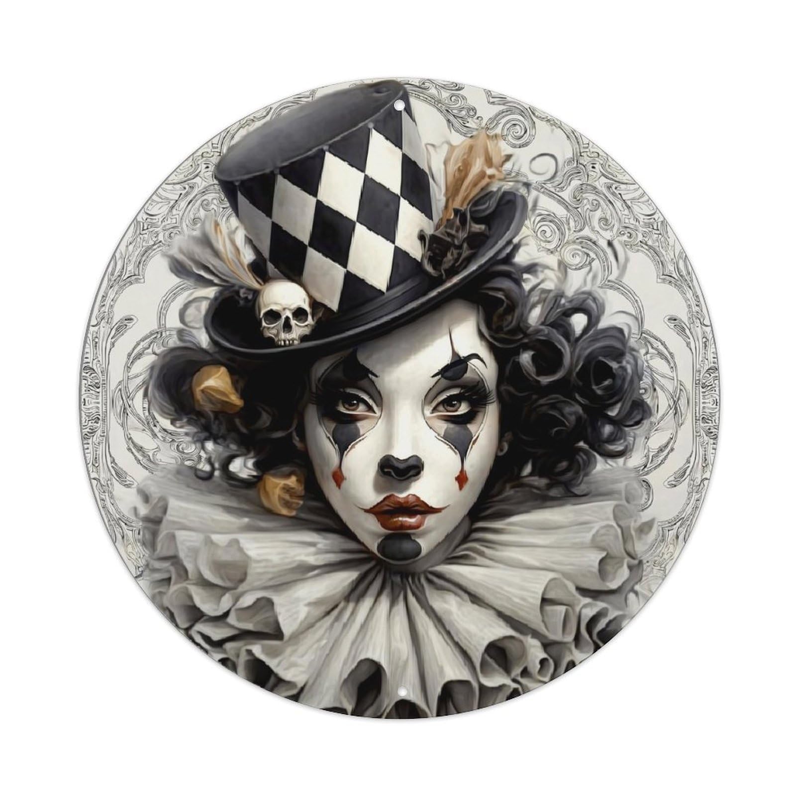 Jdyaojiesheng Vintage Harlequin Skull Feathers Ruffles Drama Round Tin Sign Retro Metal Wall Decor Metal Poster, Home Bar Garage Farmhouse Cafe Wall Art Decoration 8X8inch