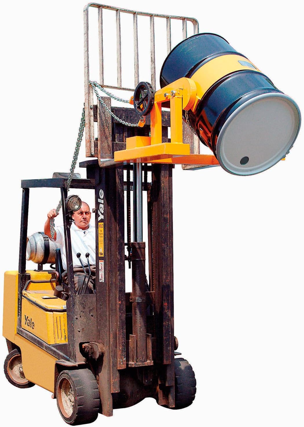 Global Industrial Forklift Tilting Drum Dumper with Pull Chain, 1500 Lbs Capacity,For Use with 55 Gallon Drums, Steel Construction, Yellow Powder Coat Finish