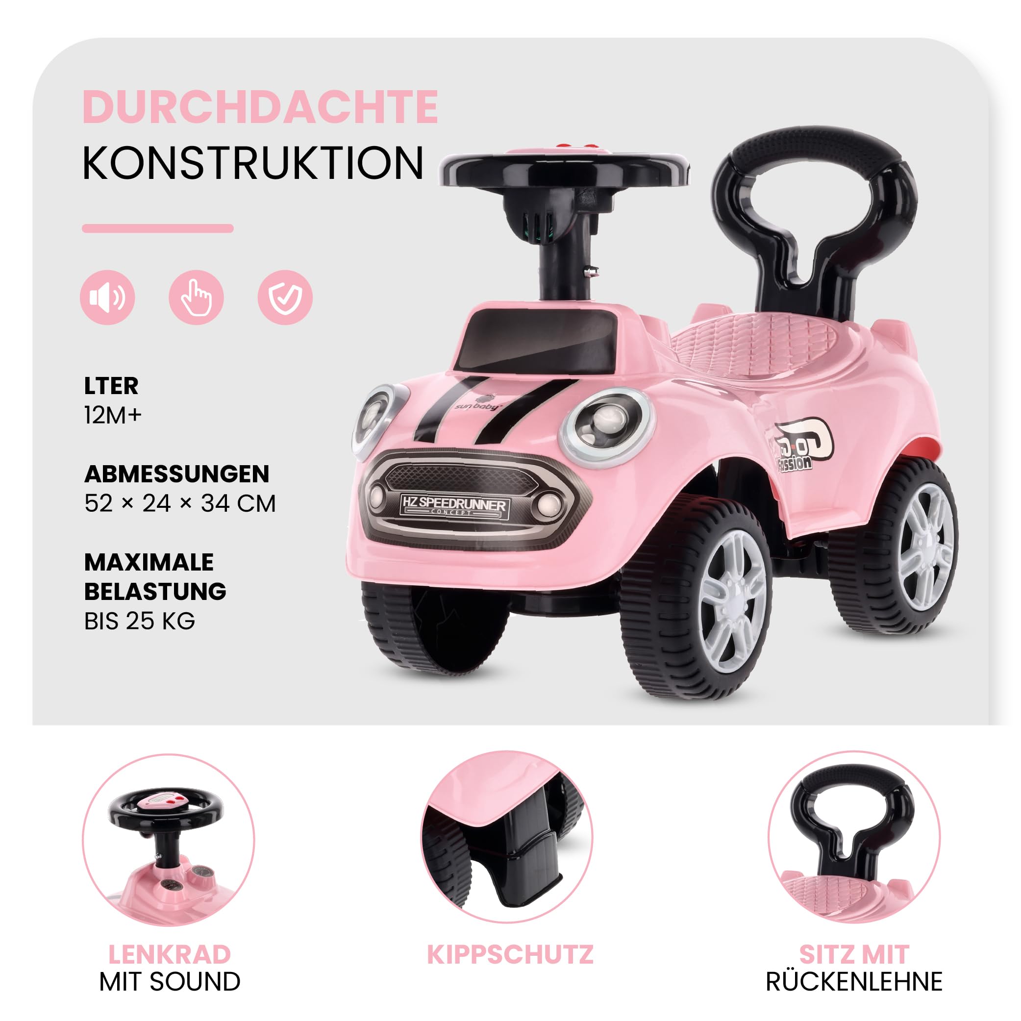 Rutschauto ab 1 Jahr, Lauflernwagen, Kinderauto Indoor, Rutschfahrzeug mit Klängen (Rosa)