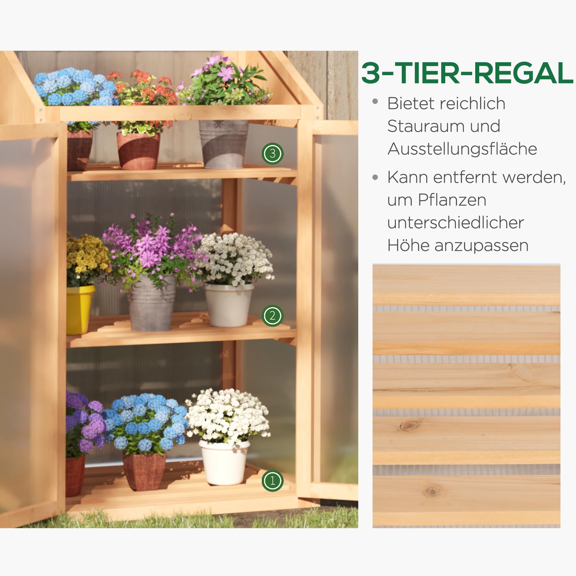 Outsunny Frühbeet aus Holz, Mini Gewächshaus 70 x 50 x 120 cm, Treibhaus mit Abdeckung, Fenster, Doppeltür, lichtdurchlässig Frühbeetkasten mit 3 Regale, Winterfest Hochbeet für Garten, Balkon, Braun
