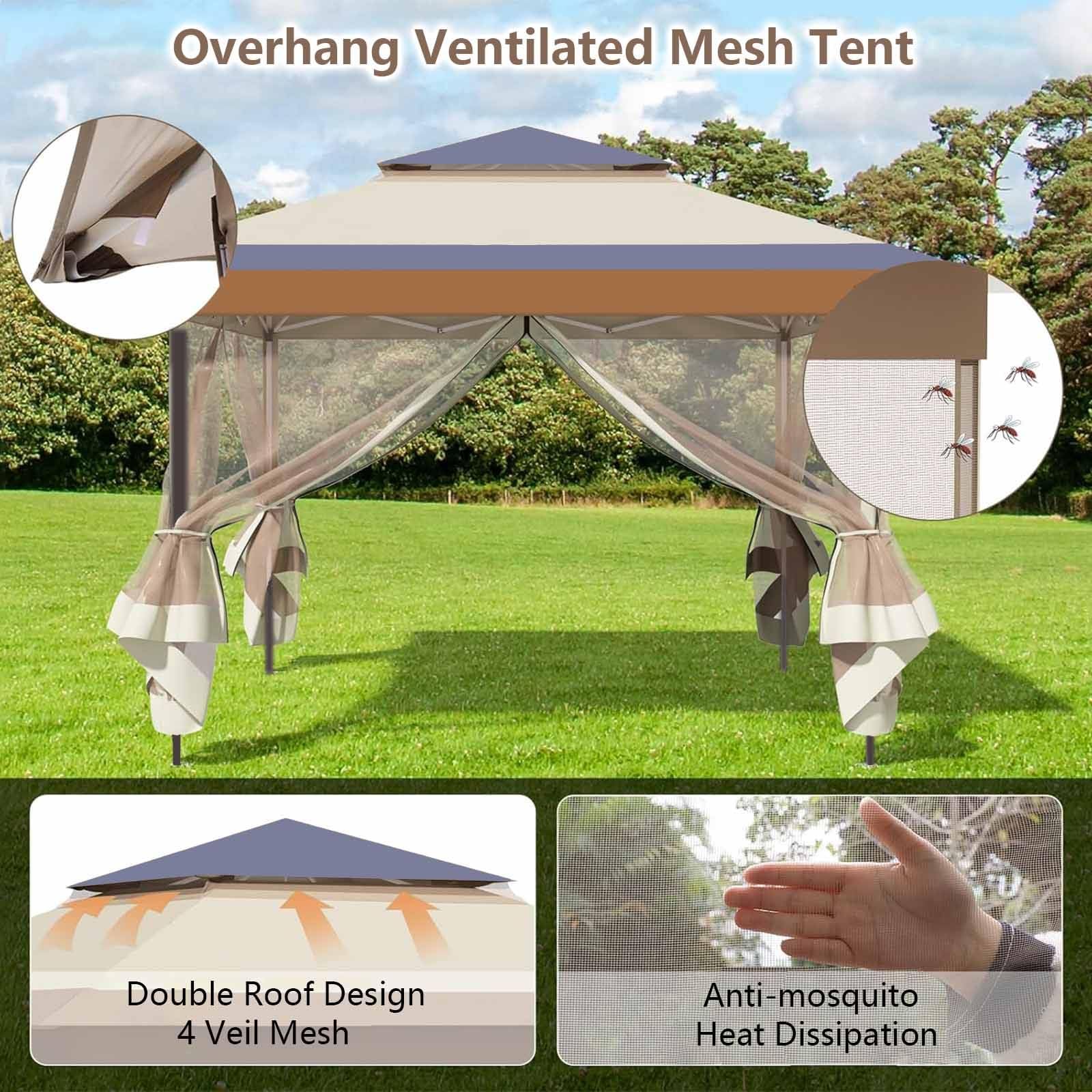 Gazebo da giardino 3,3x3,3 m, padiglione per esterni resistente con tetto a due livelli e pareti laterali in rete, struttura in metallo, per patio, cortile, feste,Gray-3cmlegs