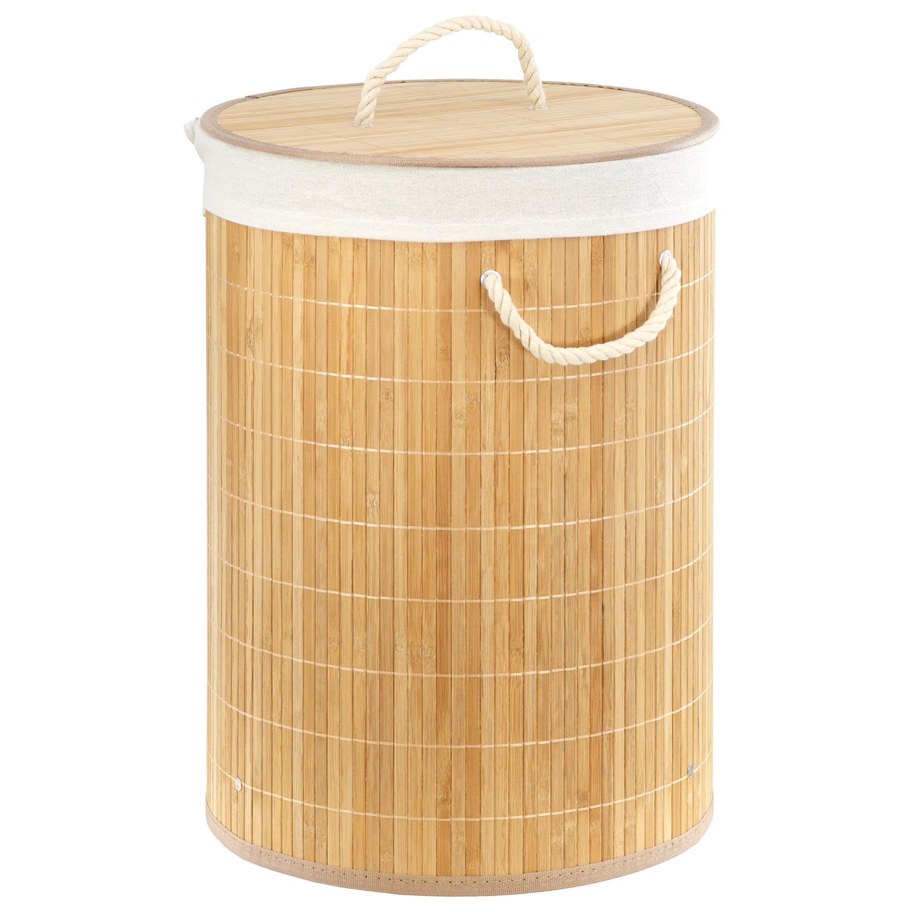 Geezy Beige Round Bamboo Laundry Hamper With Lid 48L - Foldable Laundry Basket, Removable Fabric Liner Bag, Sturdy Rope Handles - Collapsible Washing Bin Bedrooms, Bathrooms, Dirty Clothes Storage