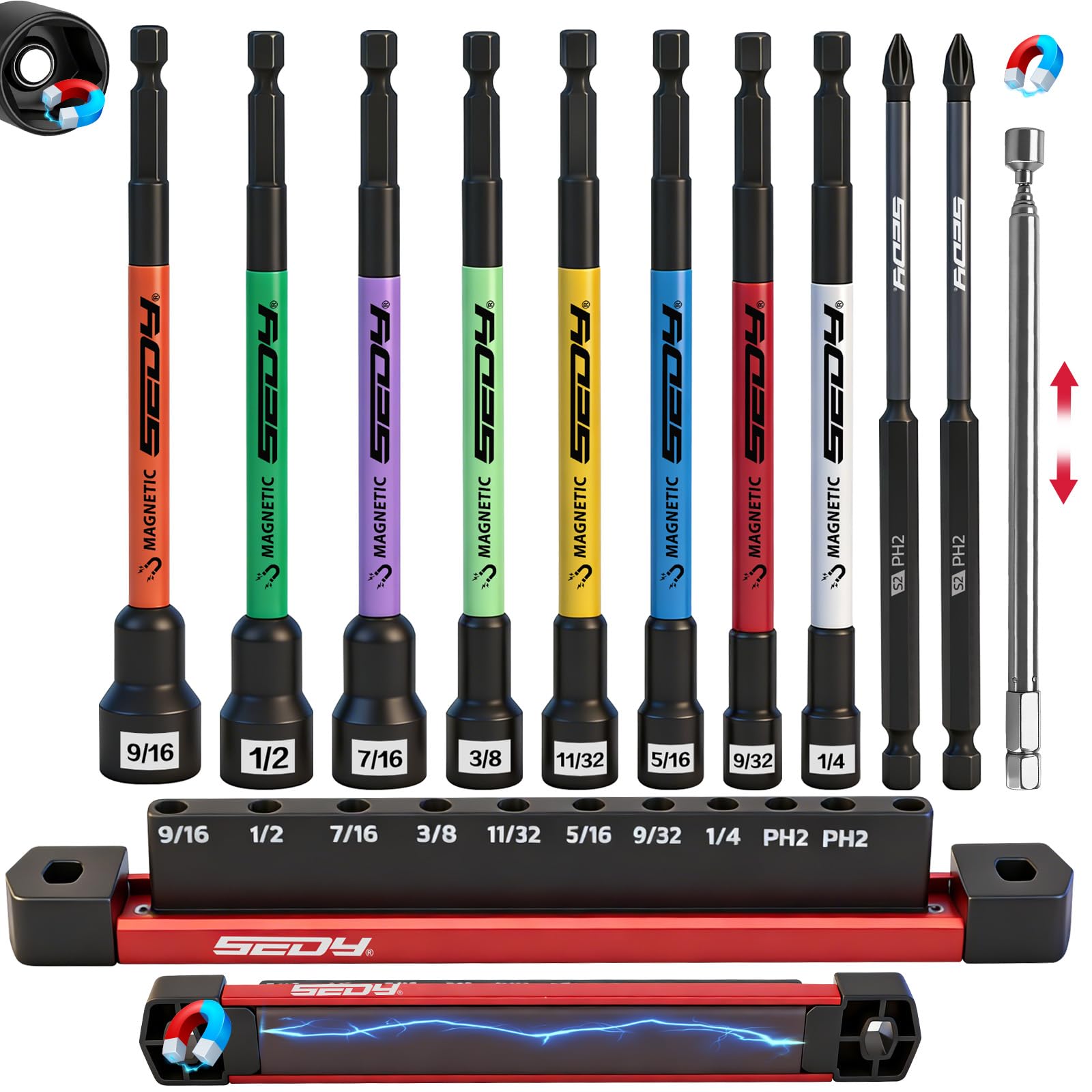 11PCS Magnetic Extra Long Nut Driver Set, SAE 9/16"-1/4", 6" Impact Nut Driver with PH2 B…