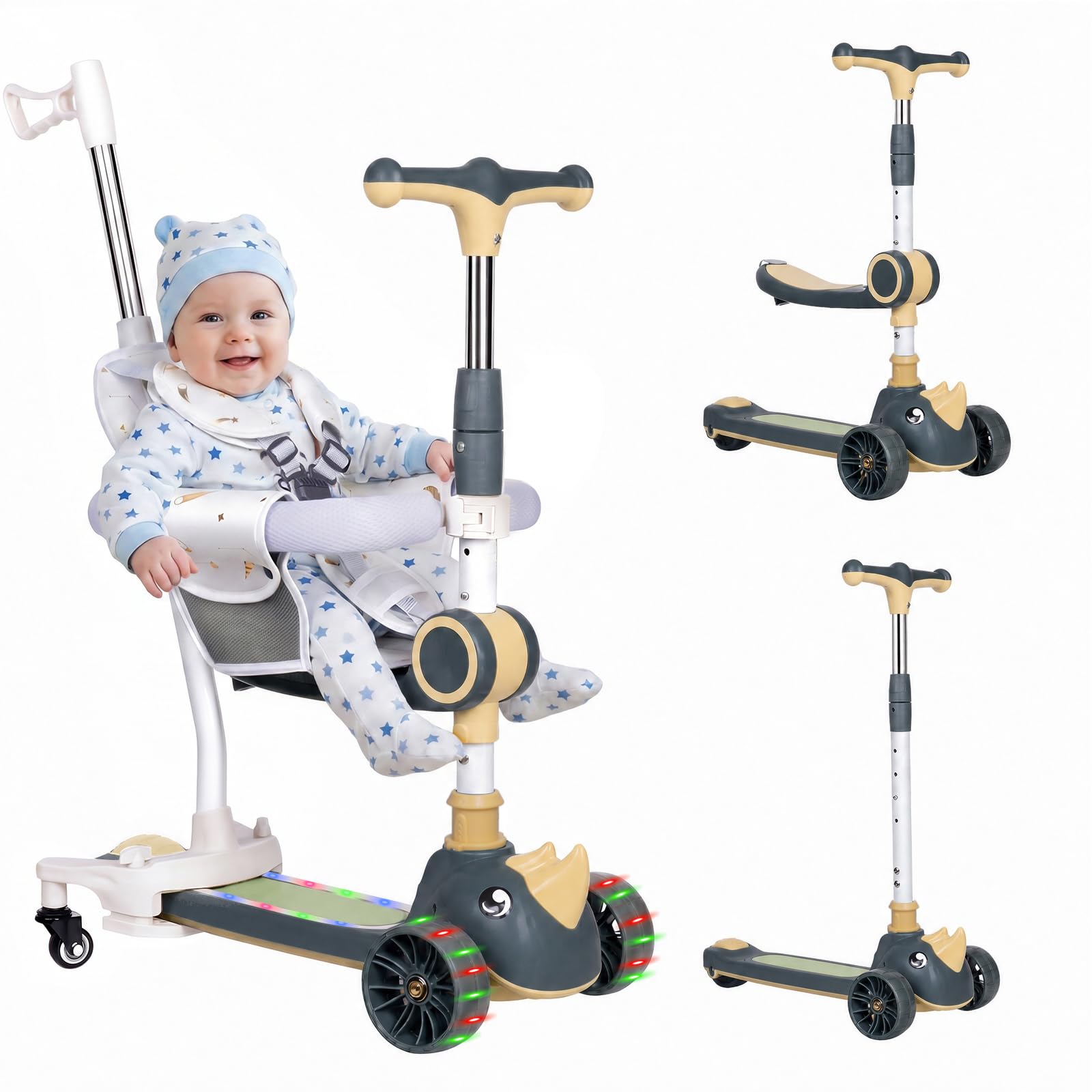 Trottinette 3 en 1 pour enfant avec barre de poussée, siège amovible et roues LED, hauteur réglable sur 3 niveaux, pour enfants de 1 à 8 ans, jusqu'à 50 kg