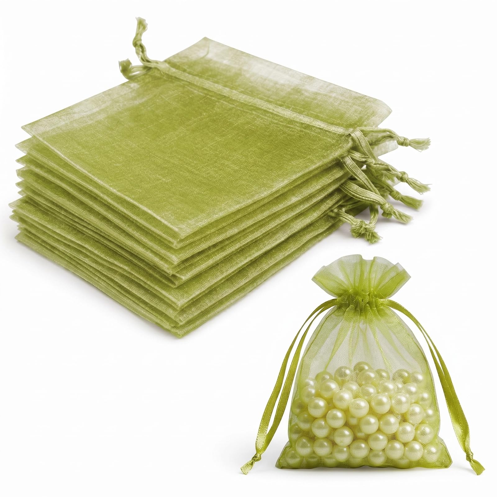 Lafefe 20Pcs Organza Gift Pouches, 10x15CM Clear Mesh Drawstring Pouches, Organza Gift Bags for Wedding Favours, Party, Festival, Candy and Game Favour Bags - Green