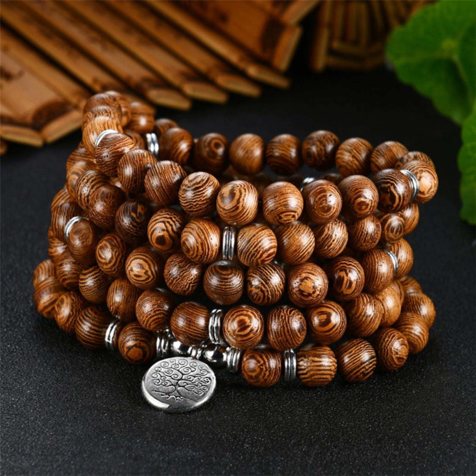 Pulseras, cuentas de oración, 1 pulsera de cabeza de leopardo de sándalo, budismo tibetano, cuentas de madera de Buda, pulsera de yoga chakra for joyería-OM (color: Om) (color: Bruin)