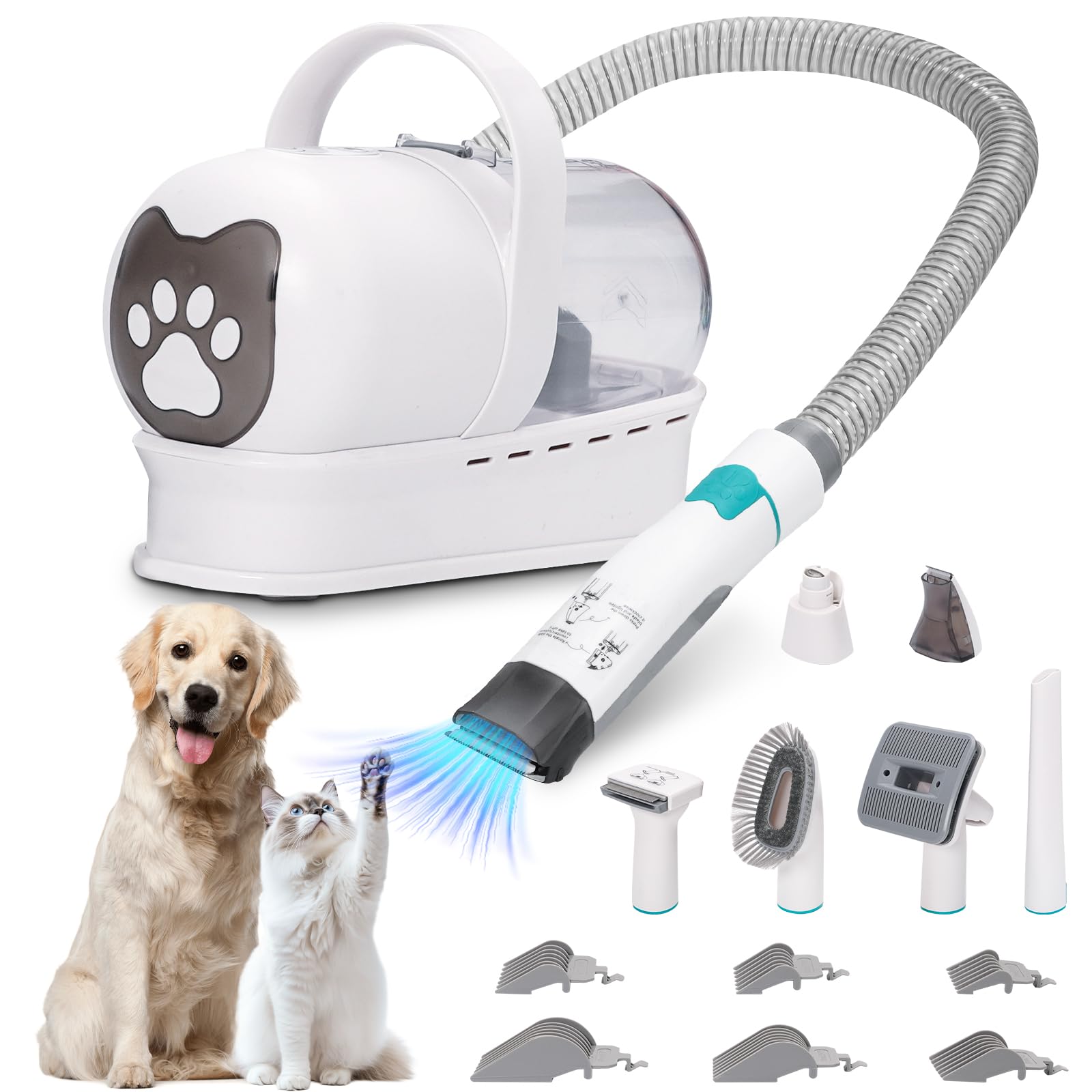 Cortapelo para perros con aspirador, 13000 PA con 7 herramientas de mantenimiento, cortapelo para patas, cepillo, peine, 3 niveles de aspiración ajustables