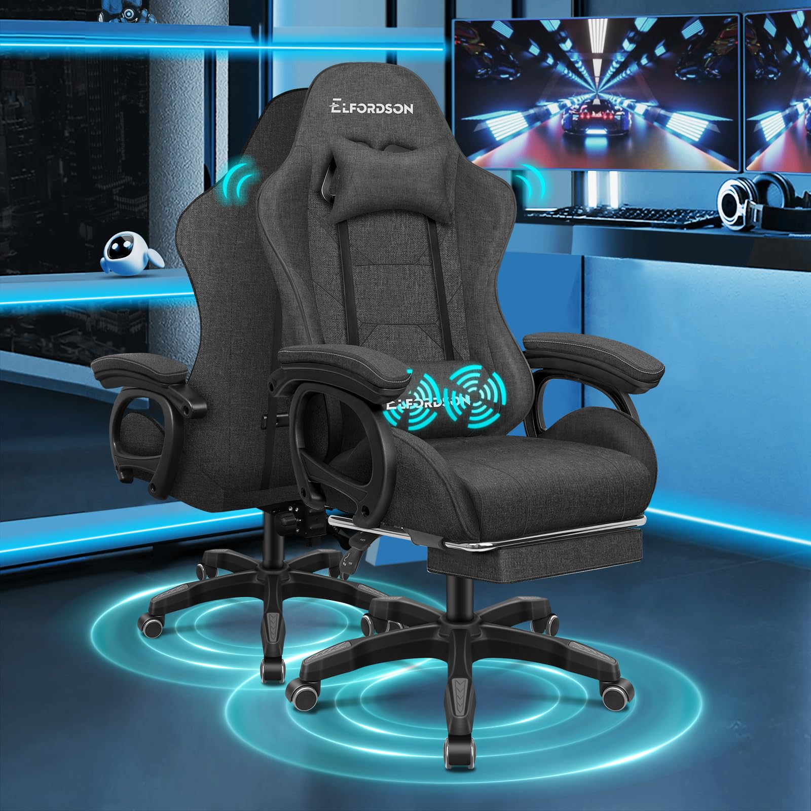 ELFORDSON Gaming Chair with 2-point Massage Lumbar Cushion, High Back PC Computer Game Chair, 150° Reclining Office Chair with Headrest & Footrest, 360° Swivel, Home Esports, Linen, Dark Grey