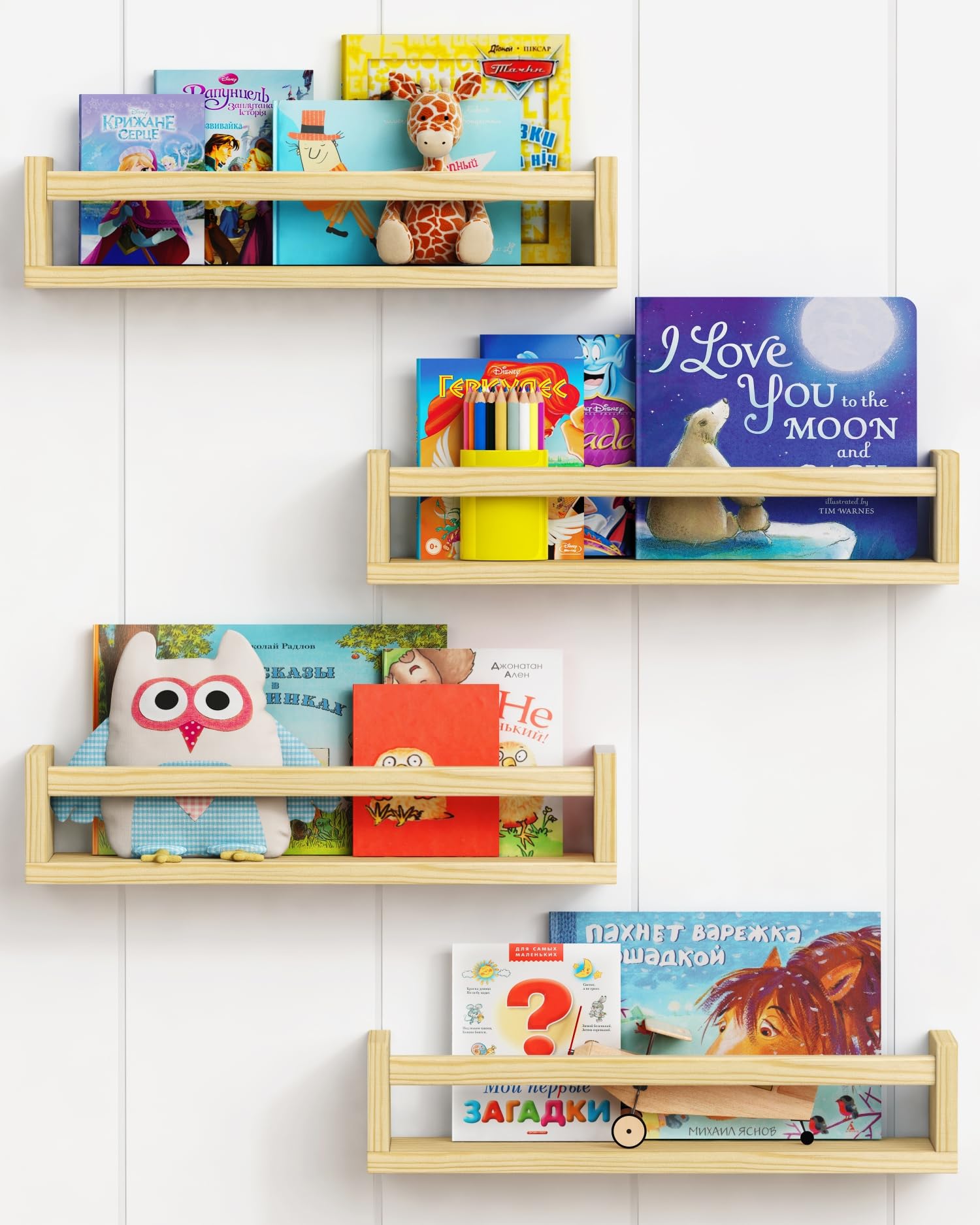 Nursery Floating Book Shelves for Kids Room, Natural Wood Kids Bookshelf Wall Mount Set of 4, Wall Toy Storage Shelves for Baby Boys Girls Bedroom, Bathroom, Kitchen Spice Rack (Natural)
