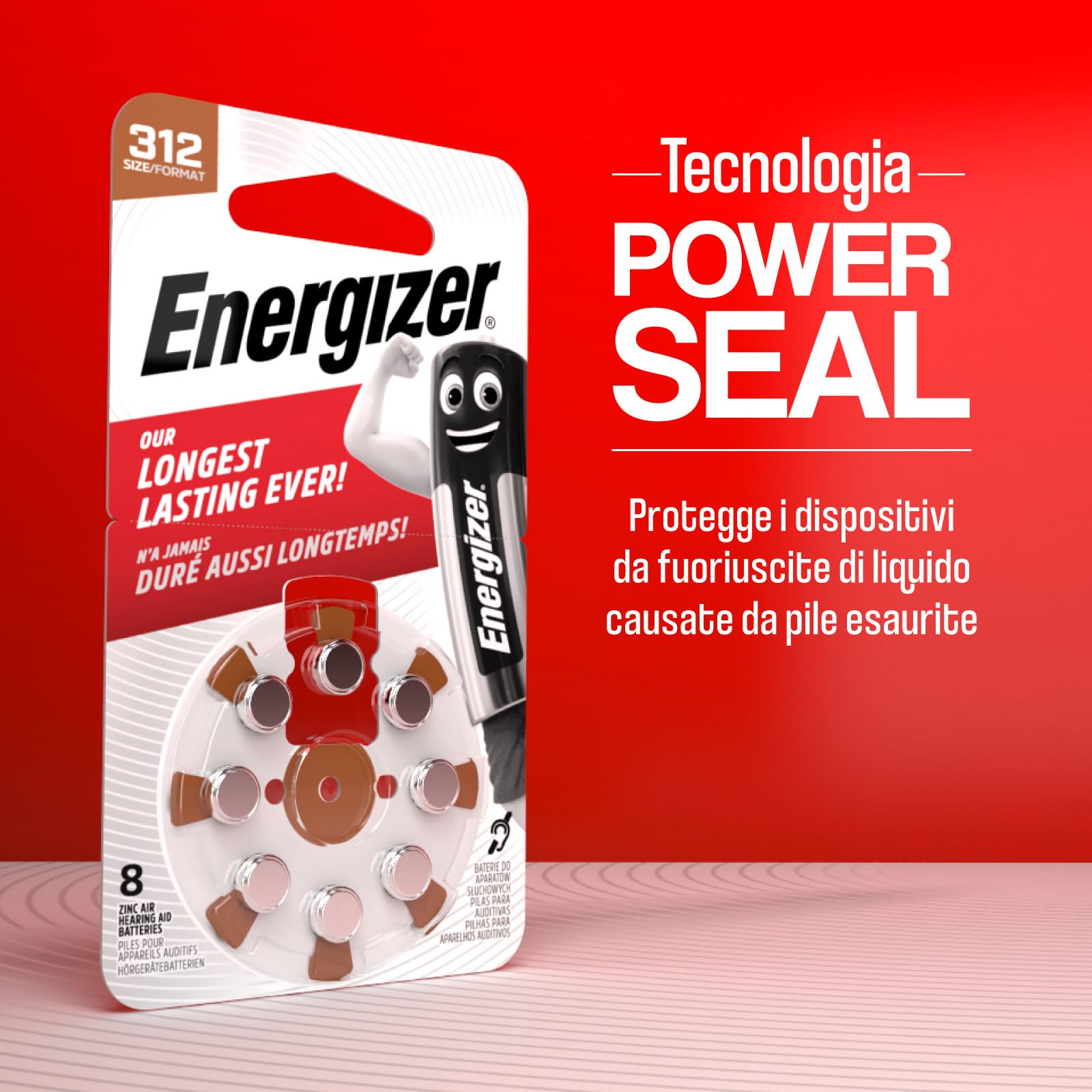 80 piles auditives Energizer pour appareils auditifs intra-auriculaires taille 312 marron sans mercure - 10 emballages de 8 piles