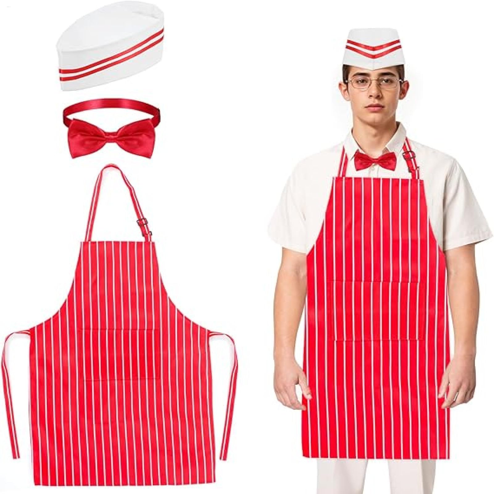 Complete 1950s Vendor Costume Kit - Adjustable Red White Striped Waiter Apron, Hat & Bow Tie | Perfect Outfit For Popcorn Ice Cream Server, Carnival Cosplay, Theater & Party Role Play & Holiday Show