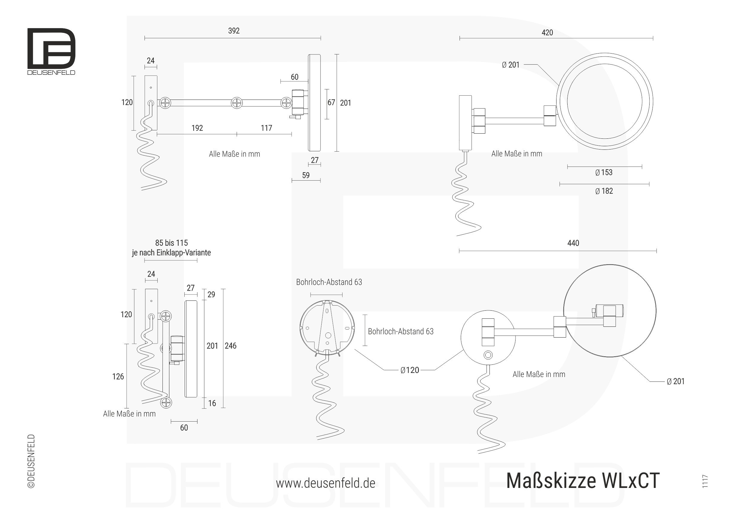 DEUSENFELD WL50CT - Premium LED Kosmetikspiegel, CTT - stufenlos Einstellbarer Farbton von 2700-6500K, LED Touch-Control, 5X Vergrößerung, Ø20cm, verdeckte Befestigung, verchromt