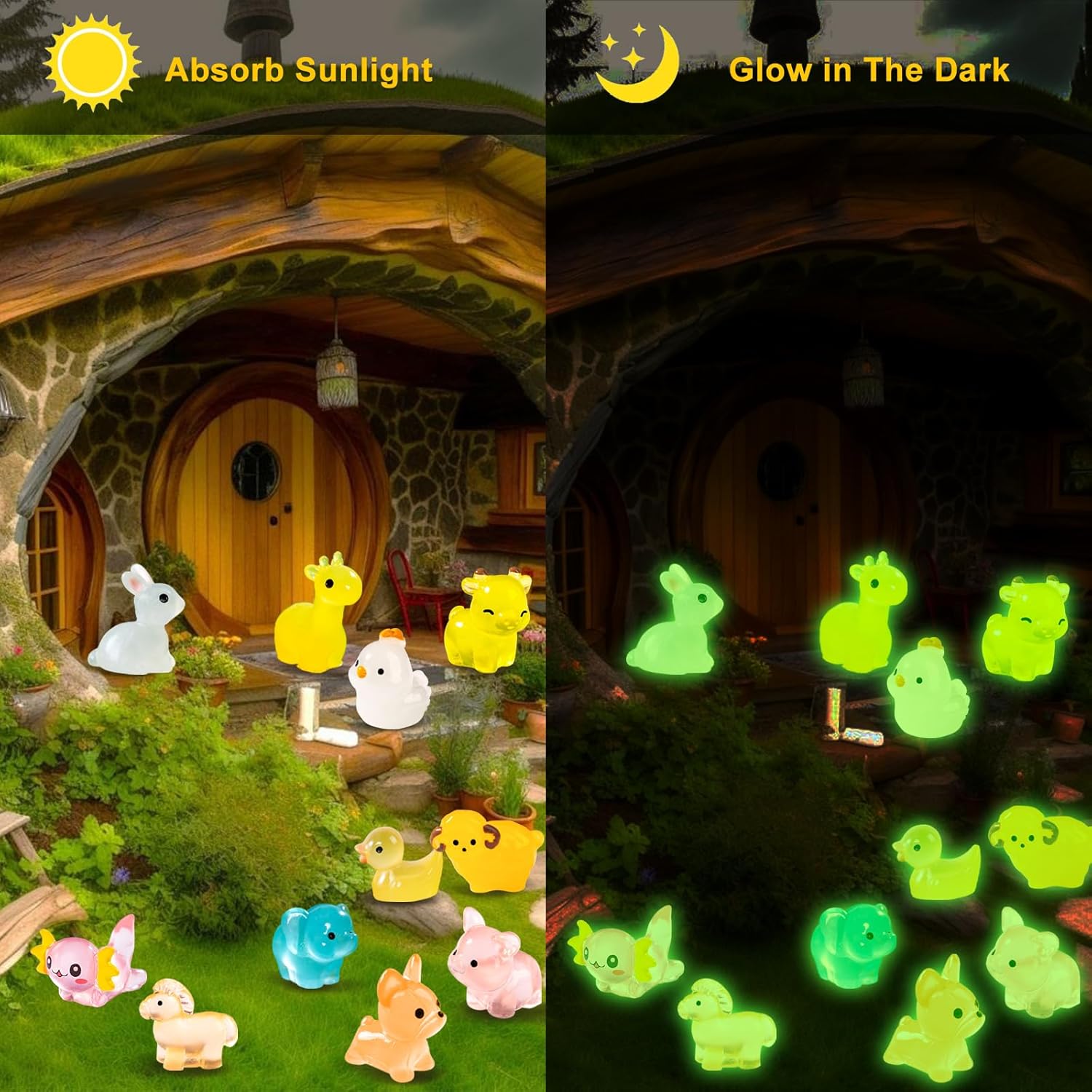 120pcs Various Luminous Mini Resin Animals Mini Ducks Cows Giraffes Tiny Hexagonal Dinosaur Figurines Glow in The Dark Garden Accessories Aquarium Micro Landscape Bonsai Dollhouse Decor