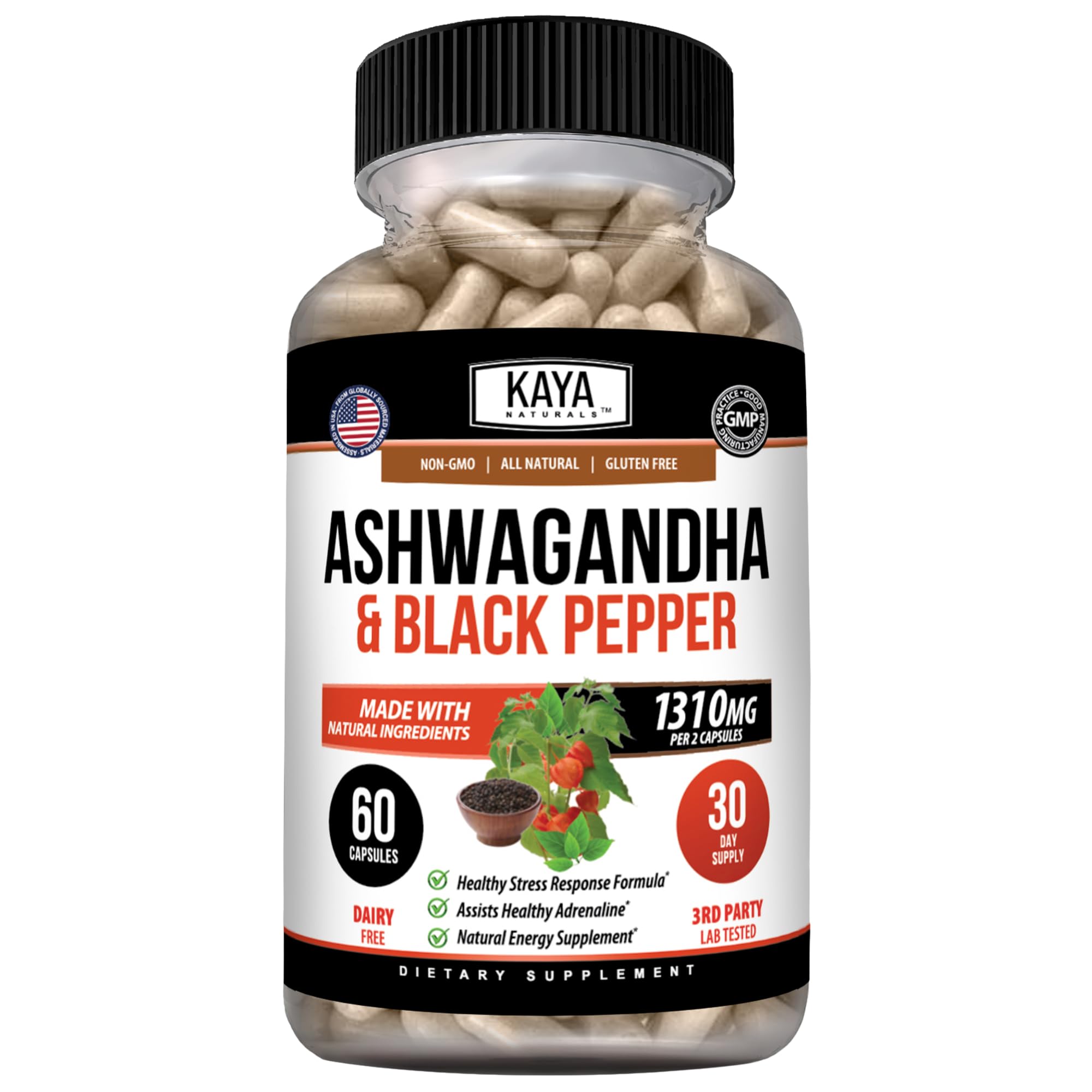 Kaya Naturals Ashwagandha 1300mg, 60 Count Capsules 60 Count (Pack of 1)