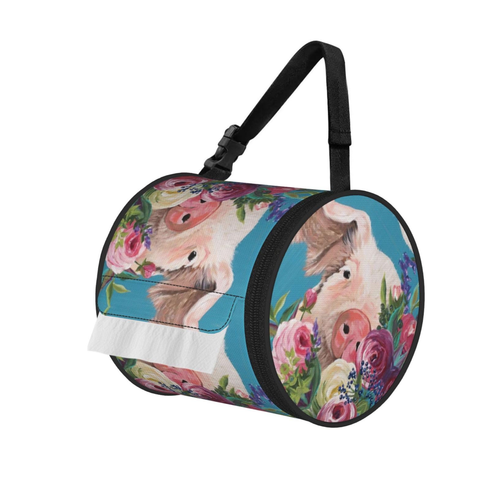 Painting Flower Pig Printed Hanging Tissue Organizer, Smooth Zipper Oxford Cloth Roll Holder for RV Bathroom Desk
