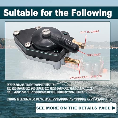 Miniatura 3 de 438559 Bomba de combustible para Johnson Evinrude 385784 433390 395712 398385 Motor 25-90 100 105 115 125 135 140-235 HP Bomba de combustible fuera