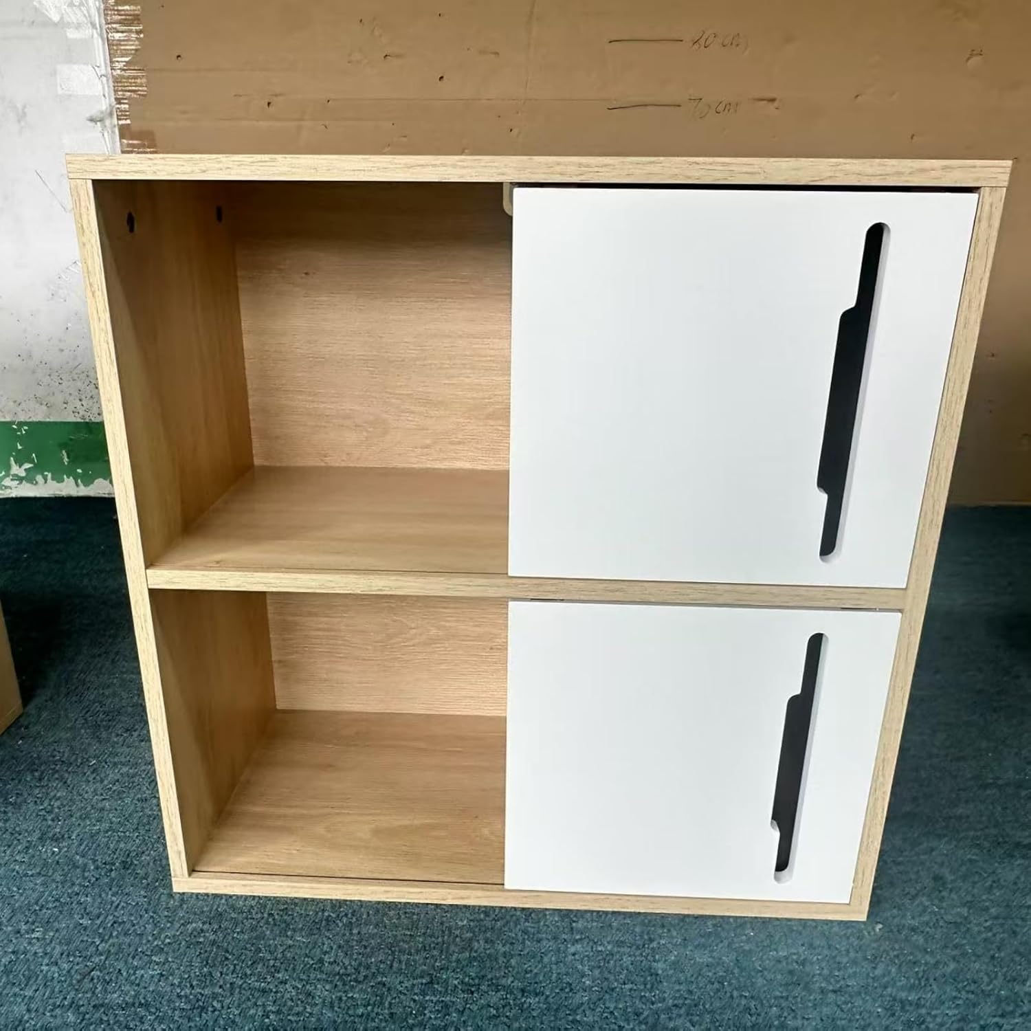 Modern Wooden Storage Cabinet with Sliding Doors,2-Tier Open and Closed Shelves Organizer,Natural Wood Finish with White Panels,for Living Room,Bedroom,or Kids'Room
