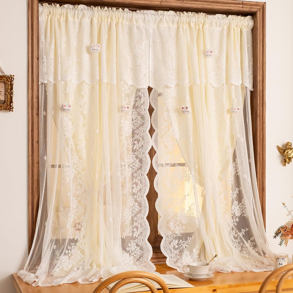 Voilages À Double Couche Beige avec Dessus en Dentelle,Léger Panneaux De Rideaux La Lumière pour La Intimité Lavés pour Chambre Salon Café Ferme,Paste,79" W x 106" L