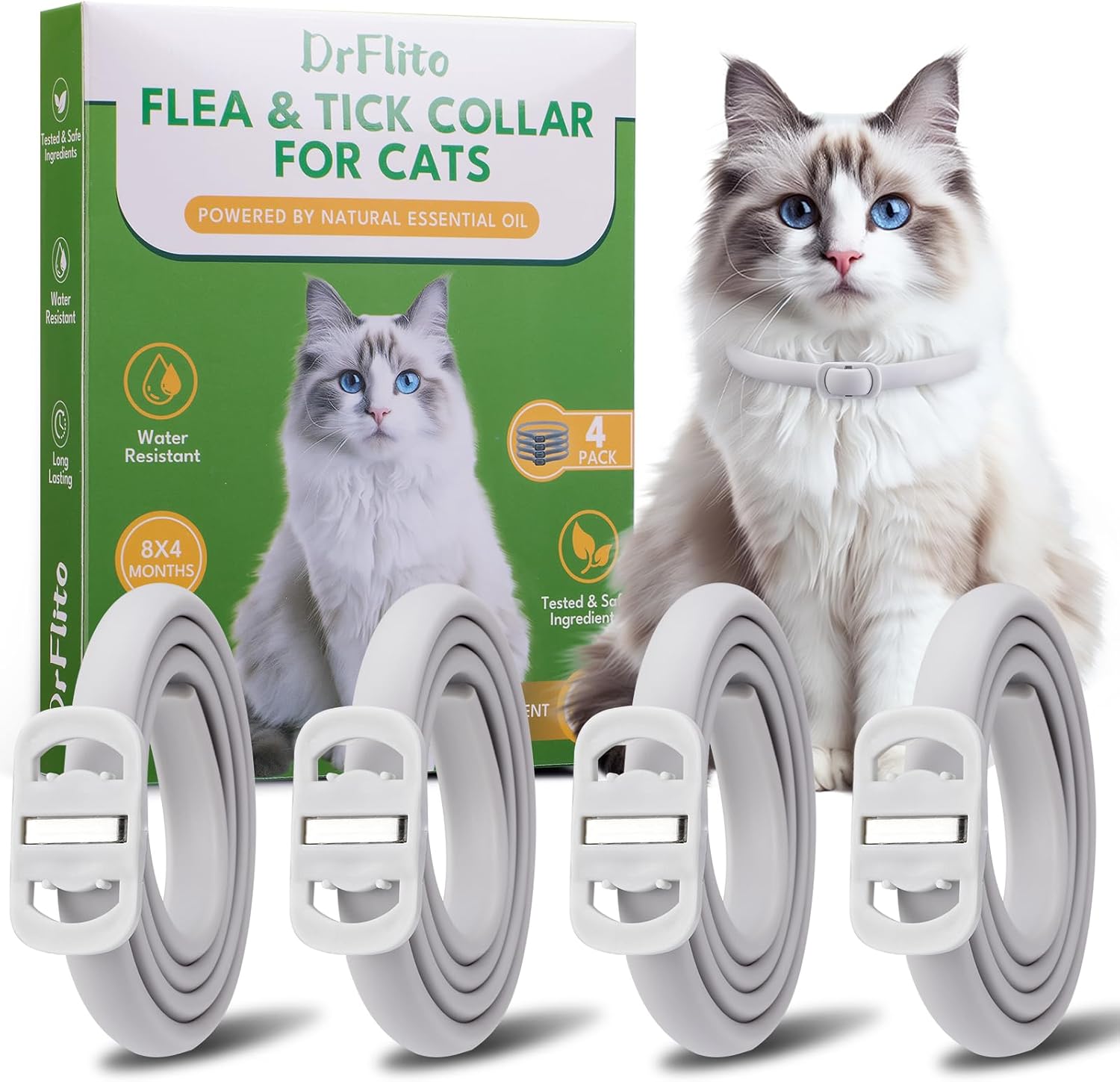 4 Pack Natural Flea Collar for Cats,Cat Flea and Tick Treatment,32 Months Protection Flea and Tick Prevention for Cats,Waterproof Cat Flea Collar,Adjustable Cat Flea and Tick for Kittens & Adult Cat