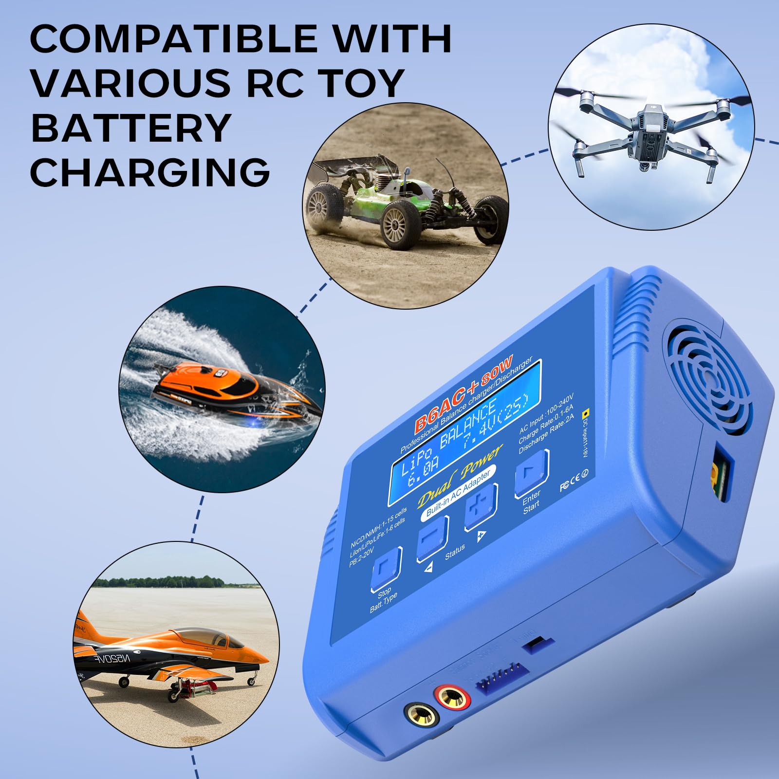 LiPo Battery Charger RC Balance Fast Battery Charger Discharger 80W 6A Smart Digital Battery Pack Charger for 1S-6S LiPo Life Li-ion 1-15S NiCD NiMH PB Smart Battery Batteries for RC Car (Blue) — view 9