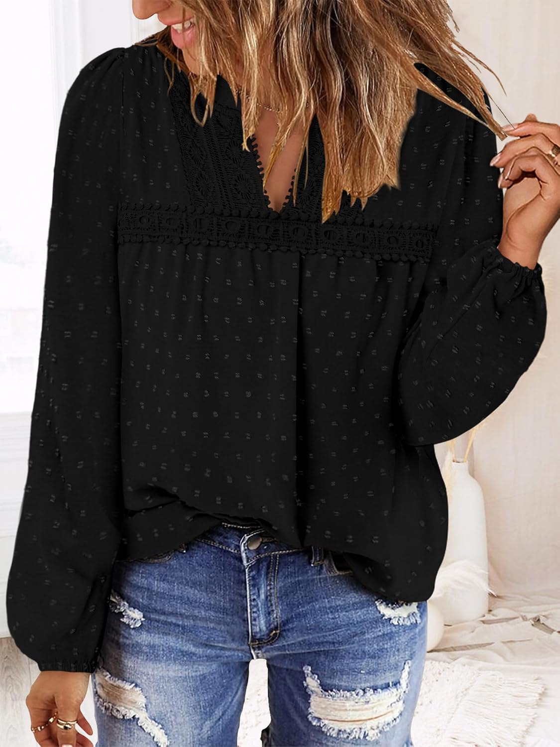 BETTE BOUTIK Womens Boho Fall Fashion Tops Long Sleeve Casual Shirts Flowy Swiss Dot Blouses - Image 4