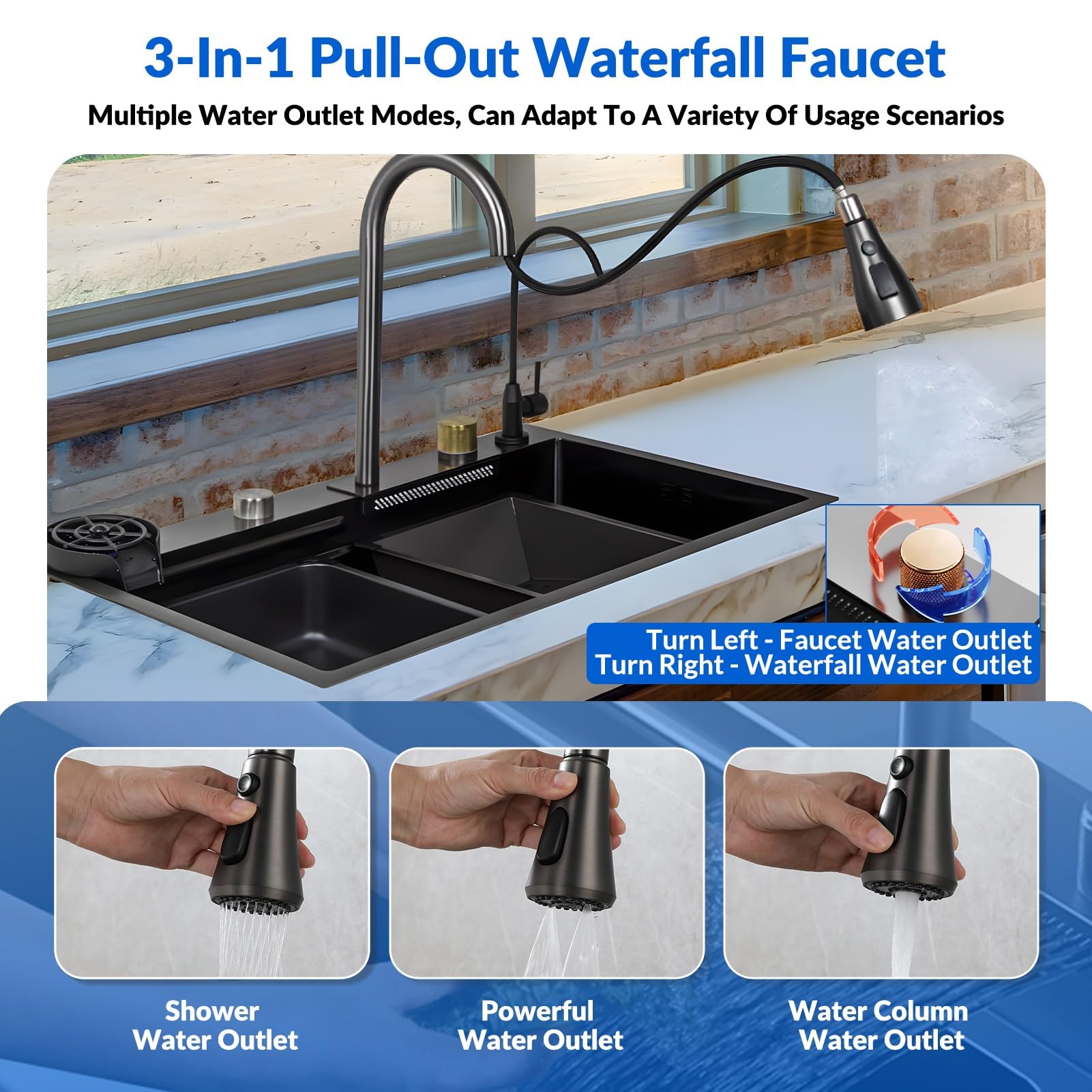 Cascata Lavello Cucina Acciaio Inox Set, Lavandino Cucina Multifunzione, Rubinetto A Cascata A Led, Lavello A Cascata Digitale Con Lavatazze, Dispenser Di Sapone(Black-Grey#2,85x50cm)